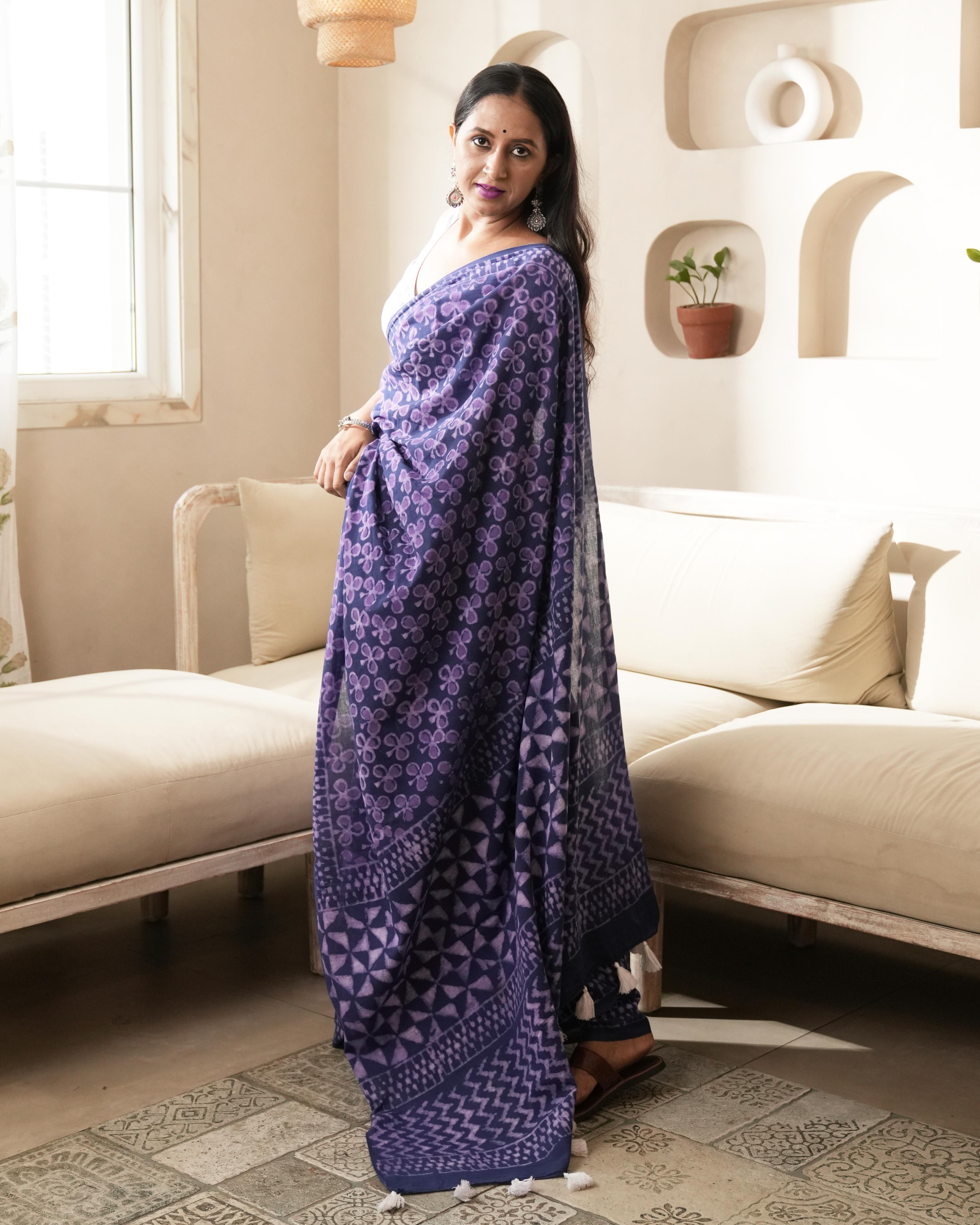 Indigo Blue Dabu Printed Mul Saree