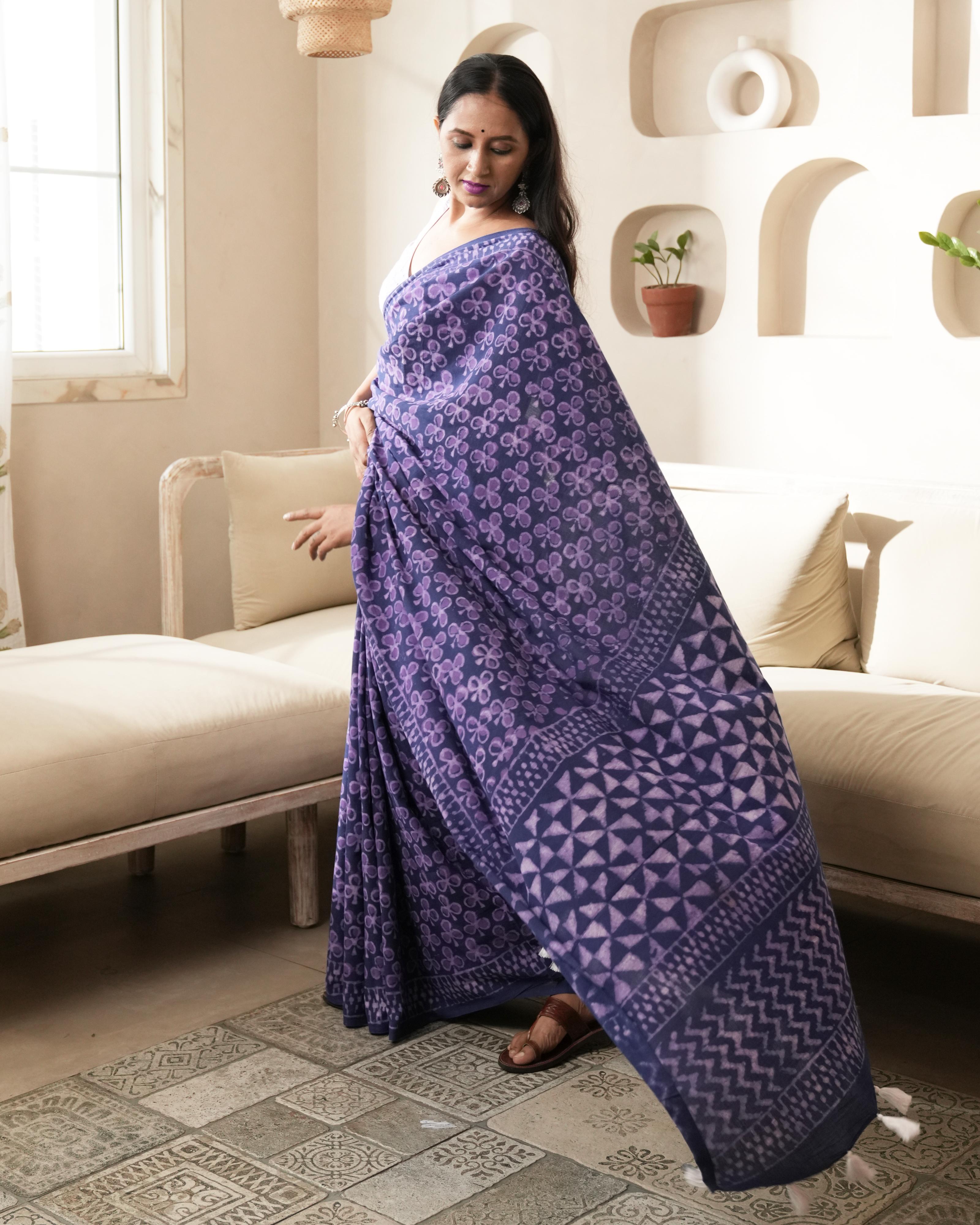 Indigo Blue Dabu Printed Mul Saree
