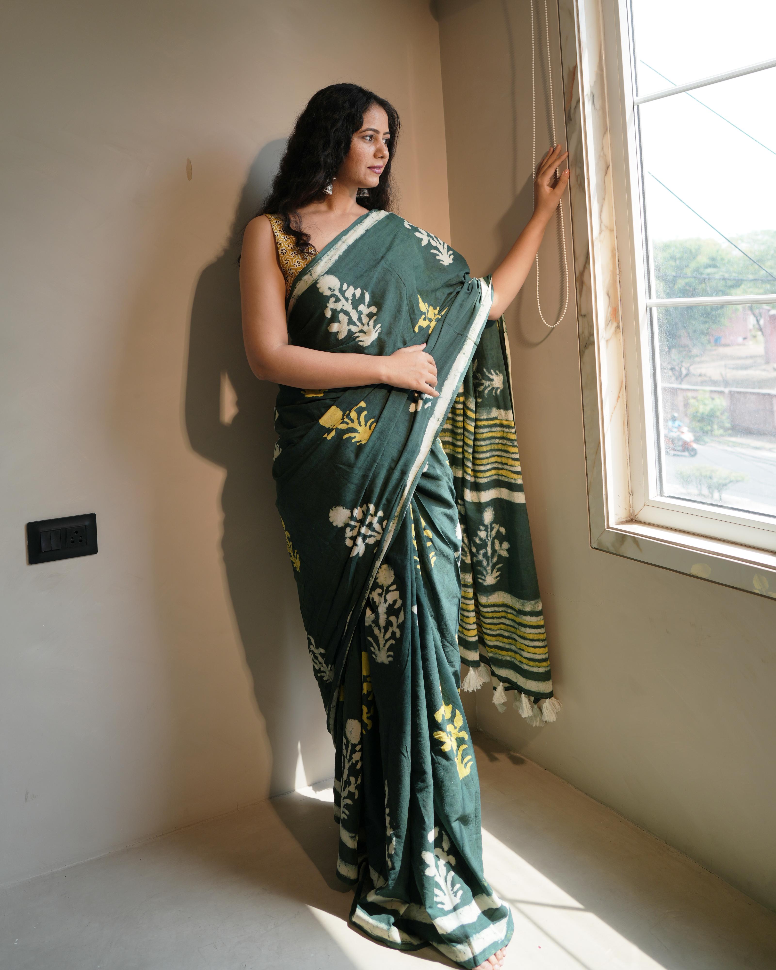 Green Dabu Butta Print Mul Saree with Tassels