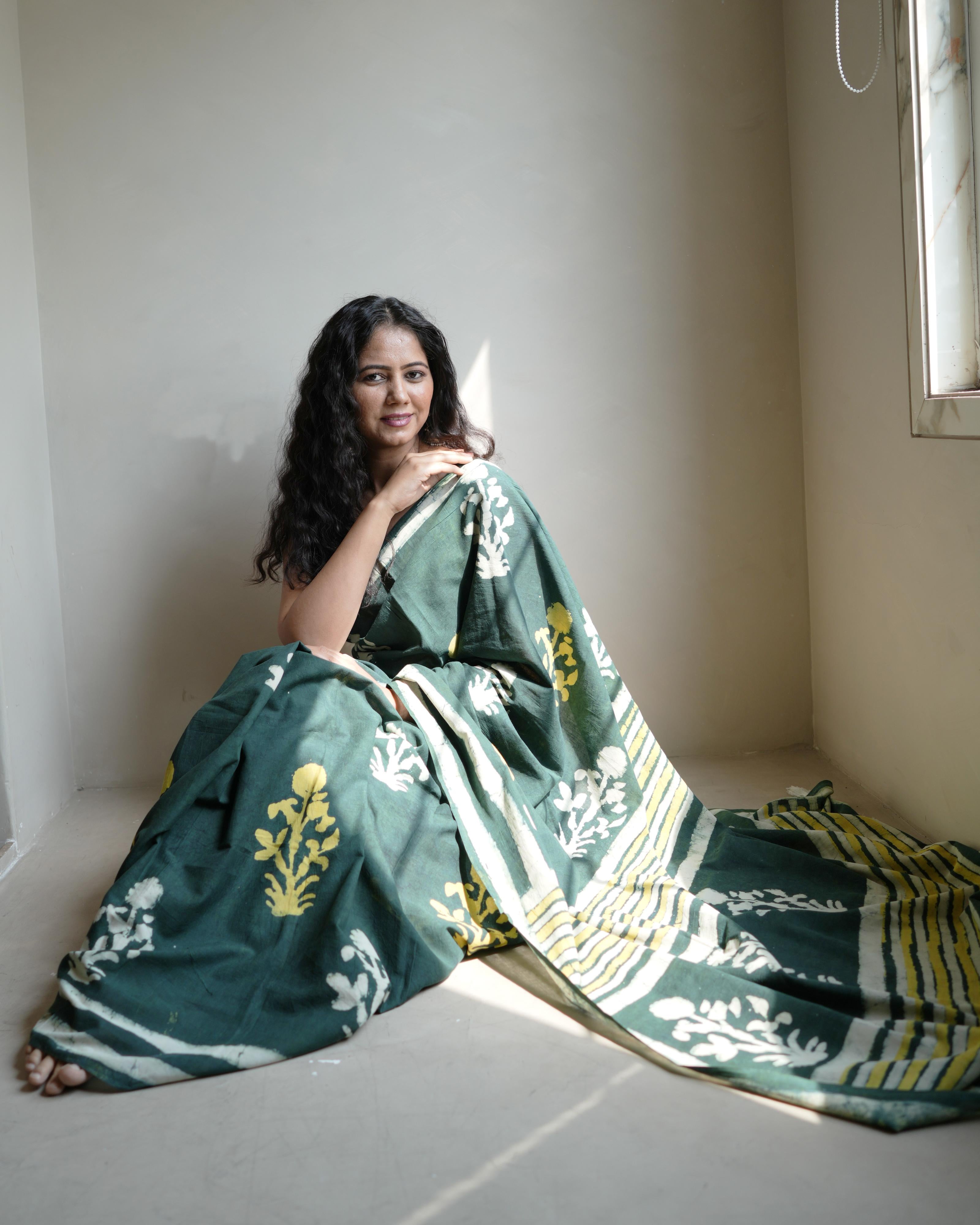 Green Dabu Butta Print Mul Saree with Tassels