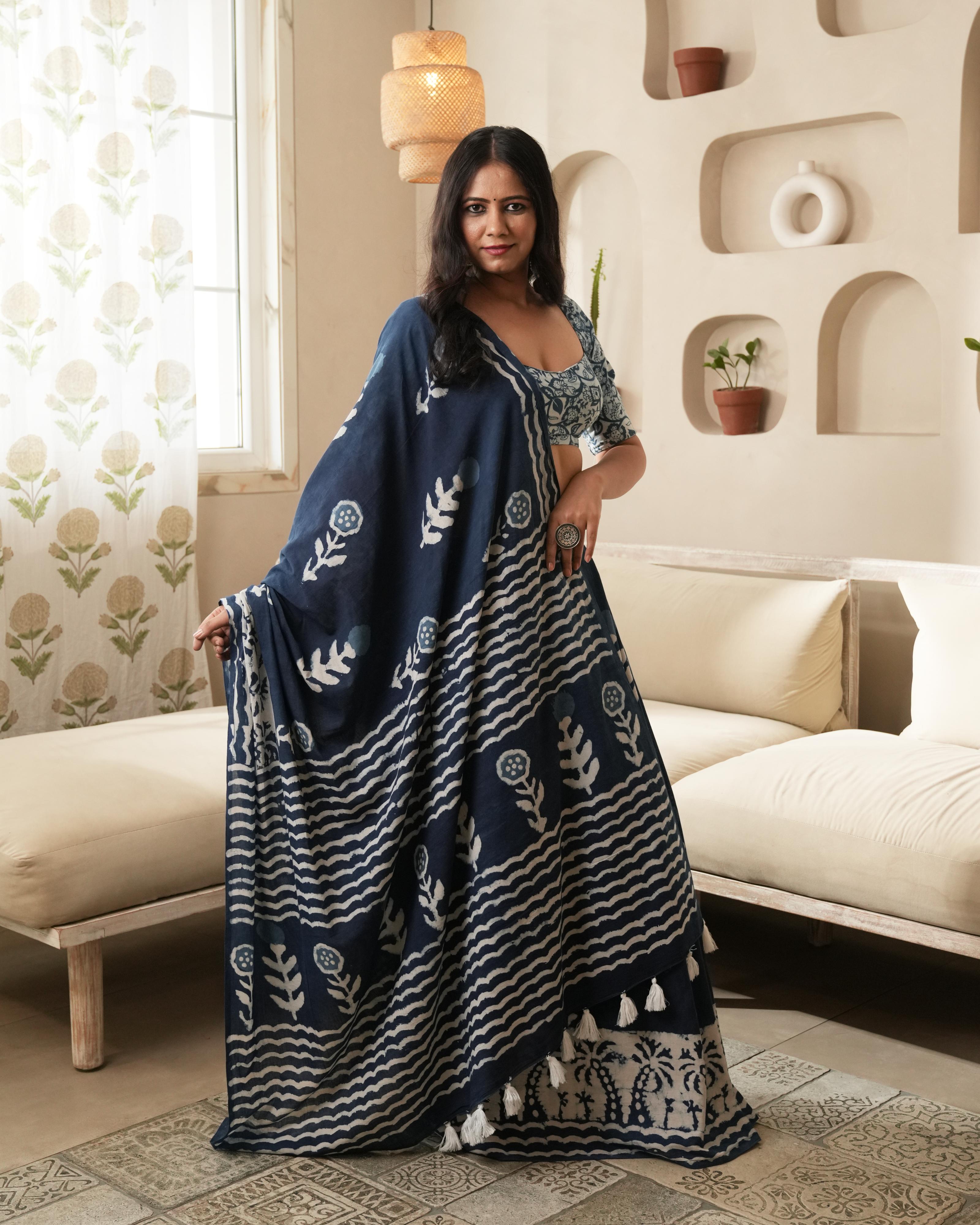 Indigo Parecha Border Dabu Print Mul Saree