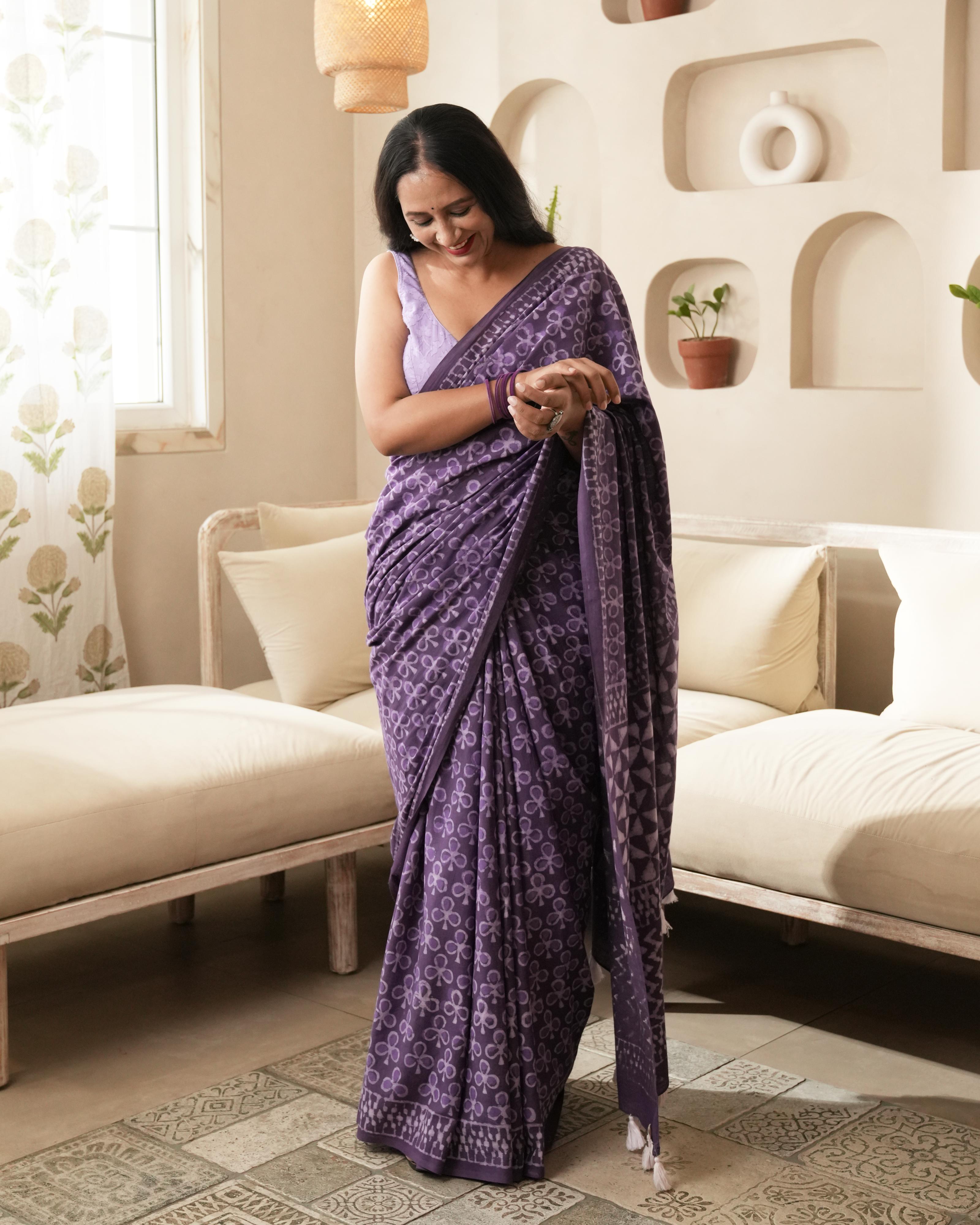 Rustic Purple Dabu Butti Print Mul Saree