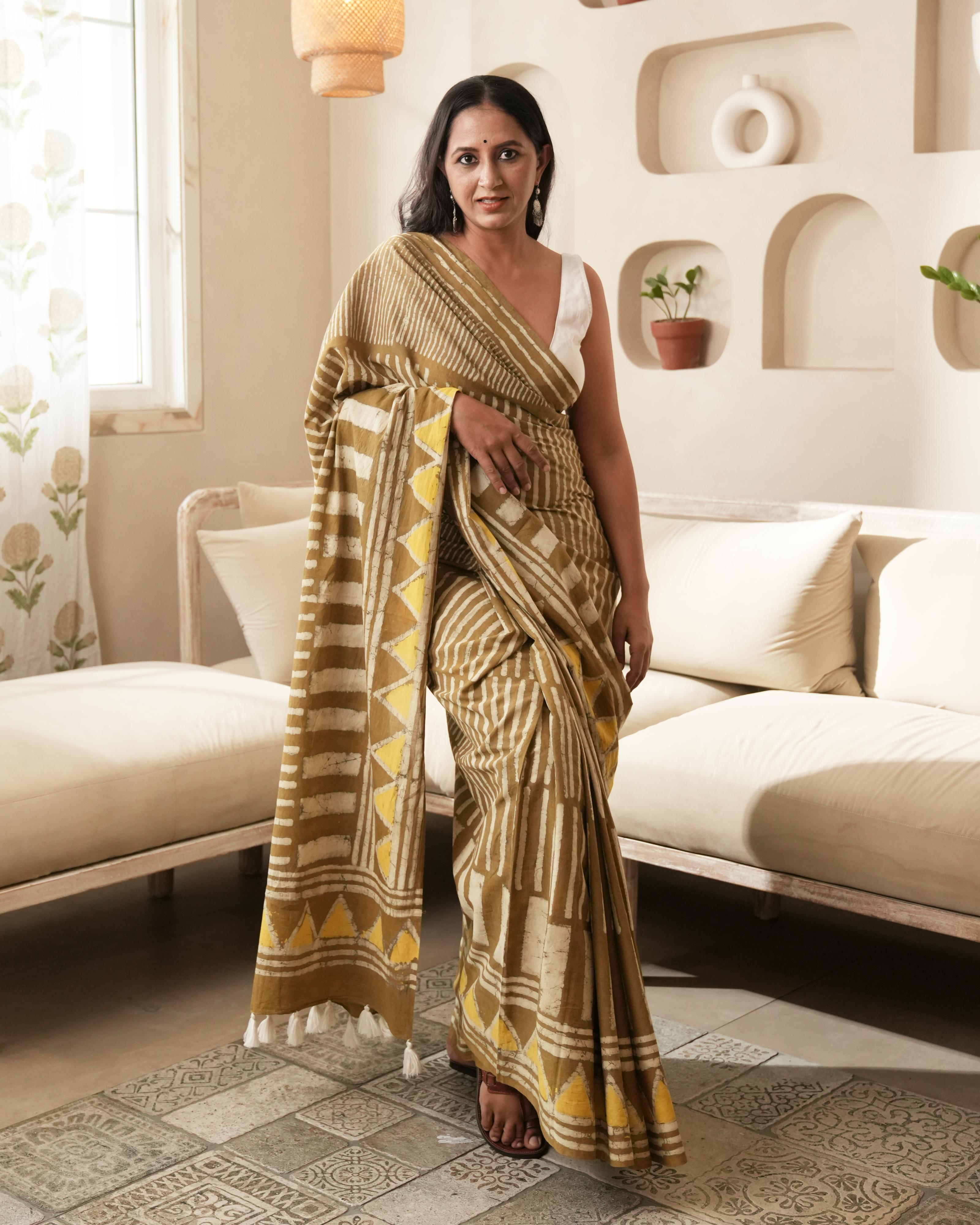 Mustard Silli Dabu Print Mul Saree
