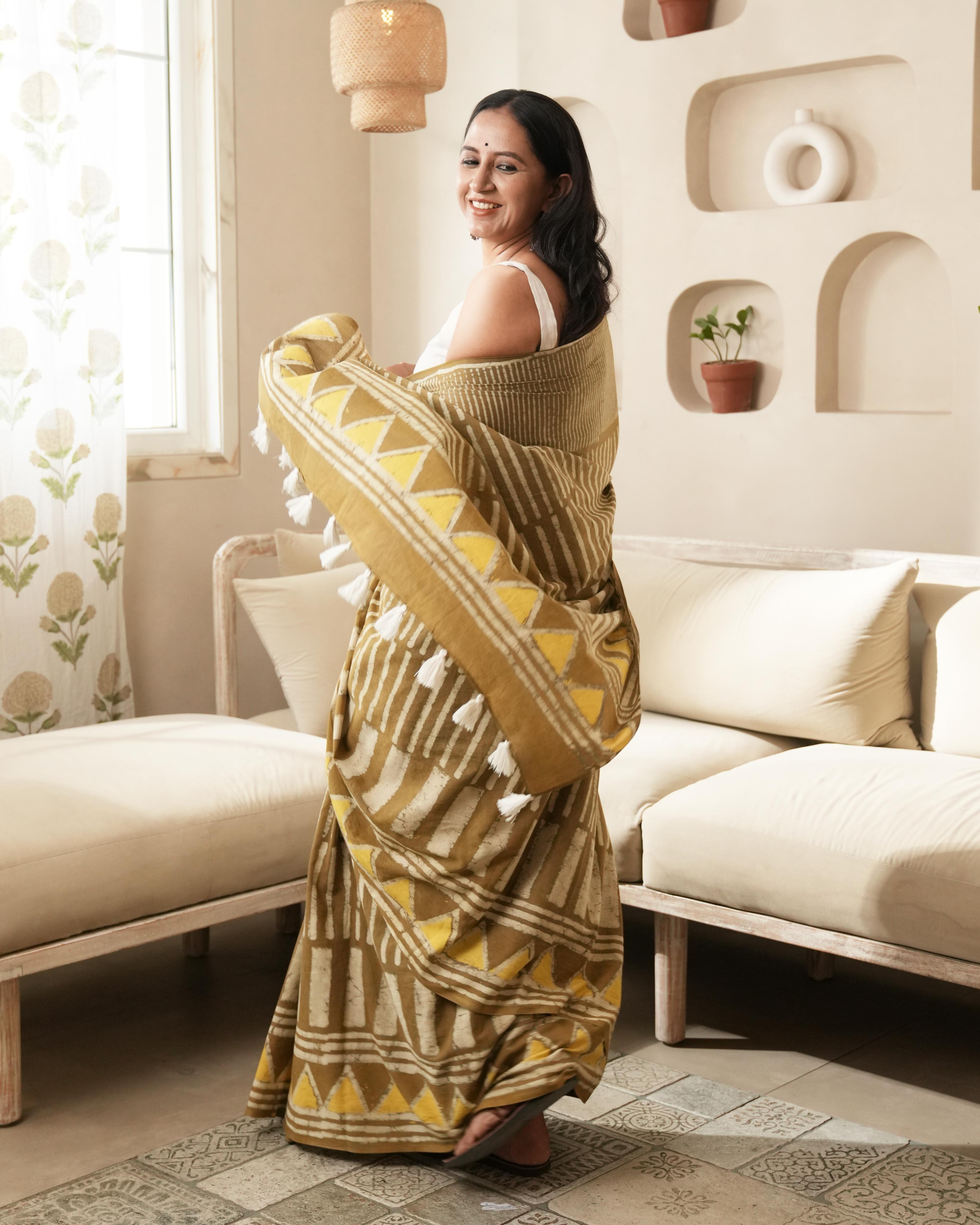 Mustard Silli Dabu Print Mul Saree