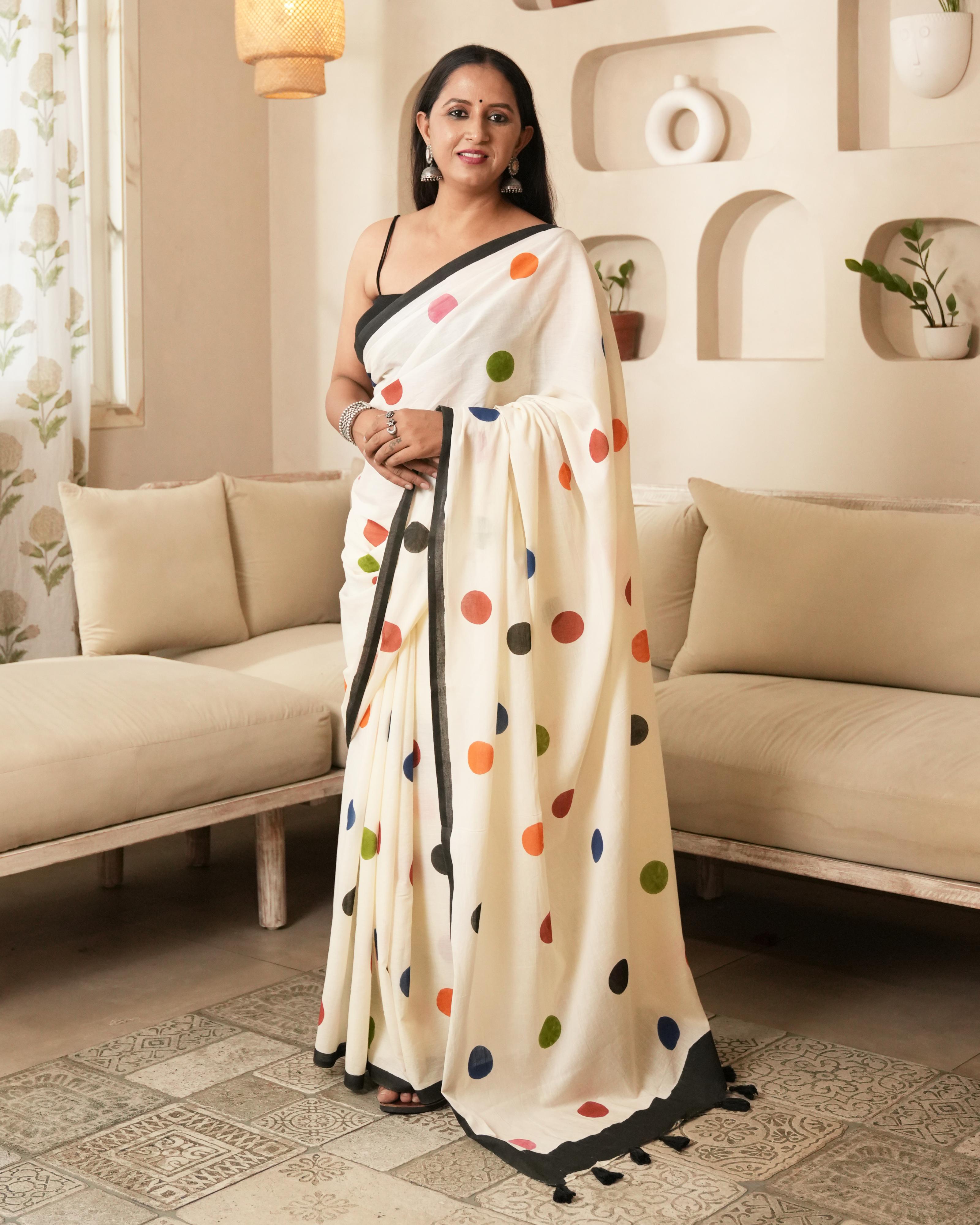 Beige Polka Dot Printed Mul Saree with Tassels