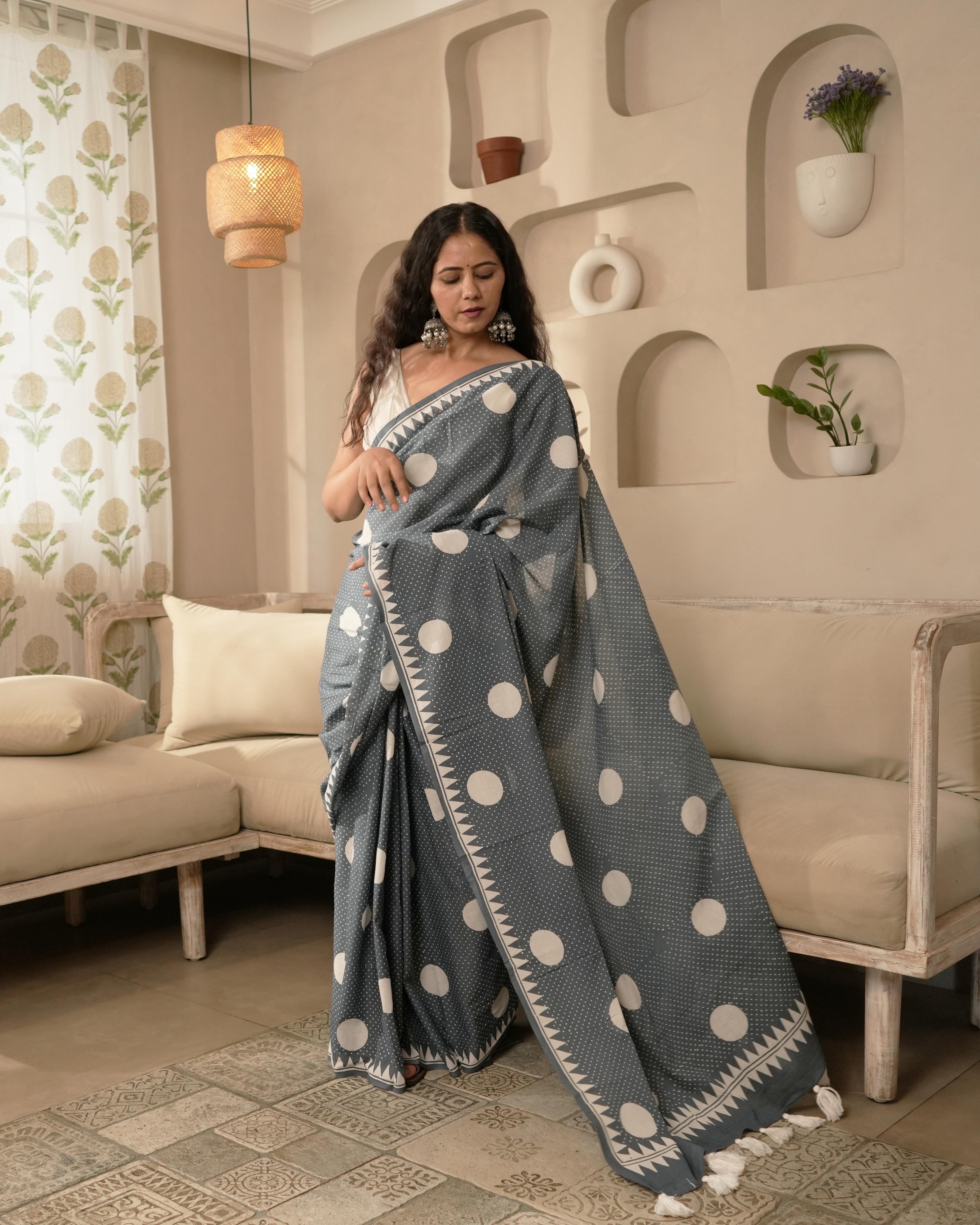 Grey & White Polka Dot Printed Mul Saree with Tassels