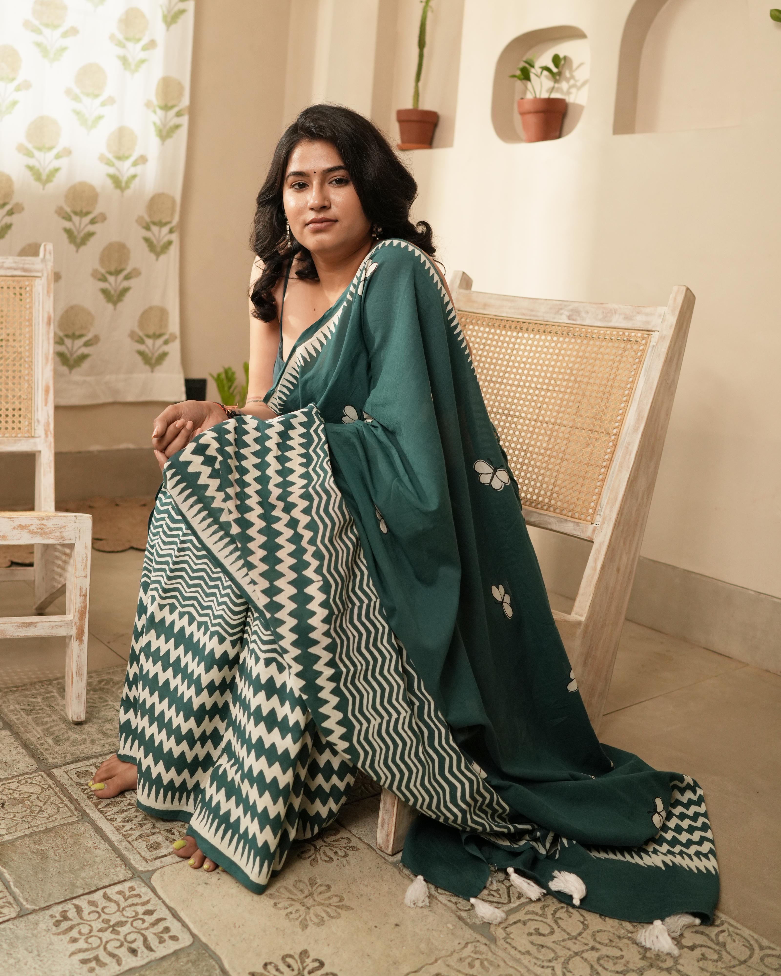 Emerald Green Hand Block Printed Mul Saree with Tassels