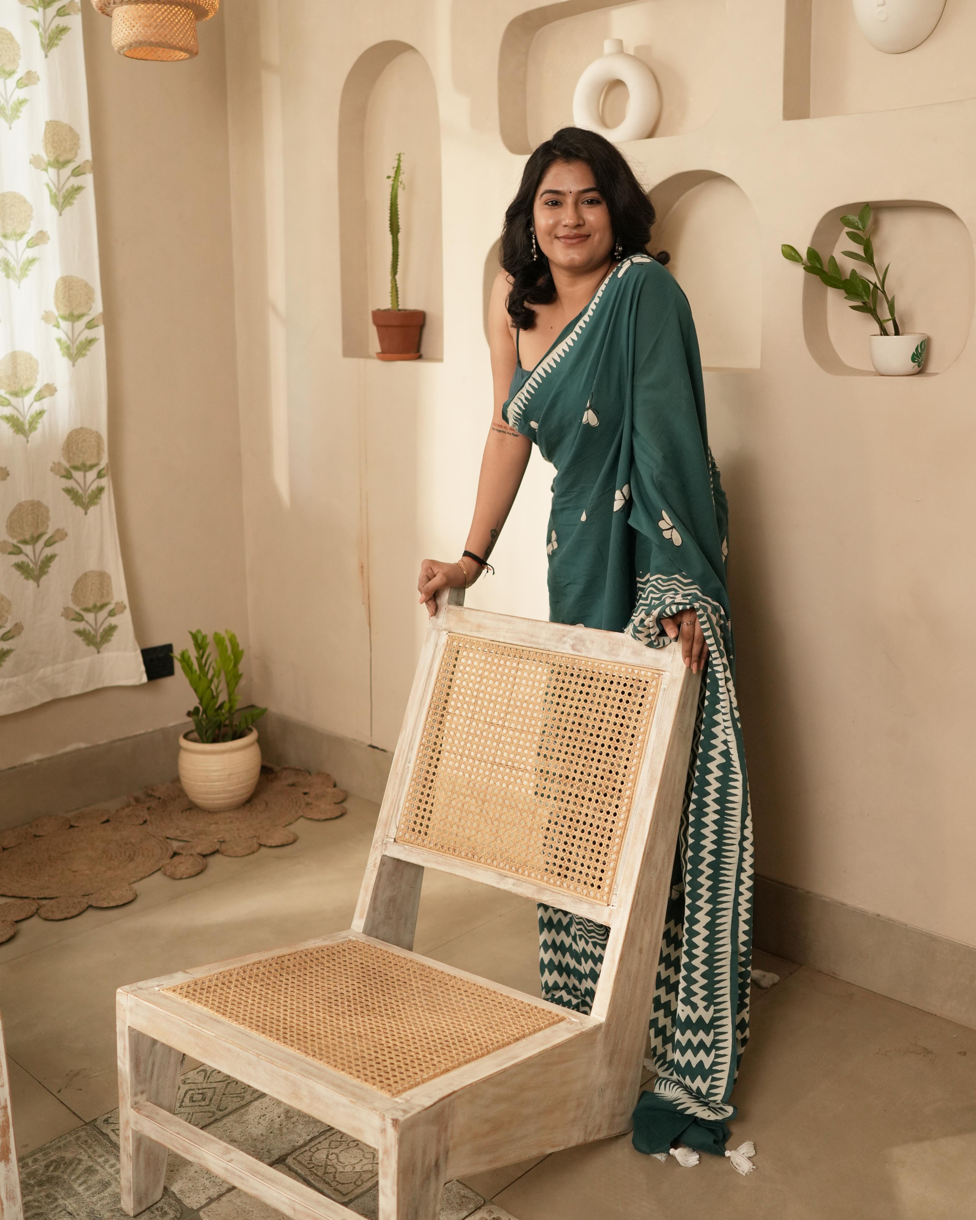 Emerald Green Hand Block Printed Mul Saree with Tassels