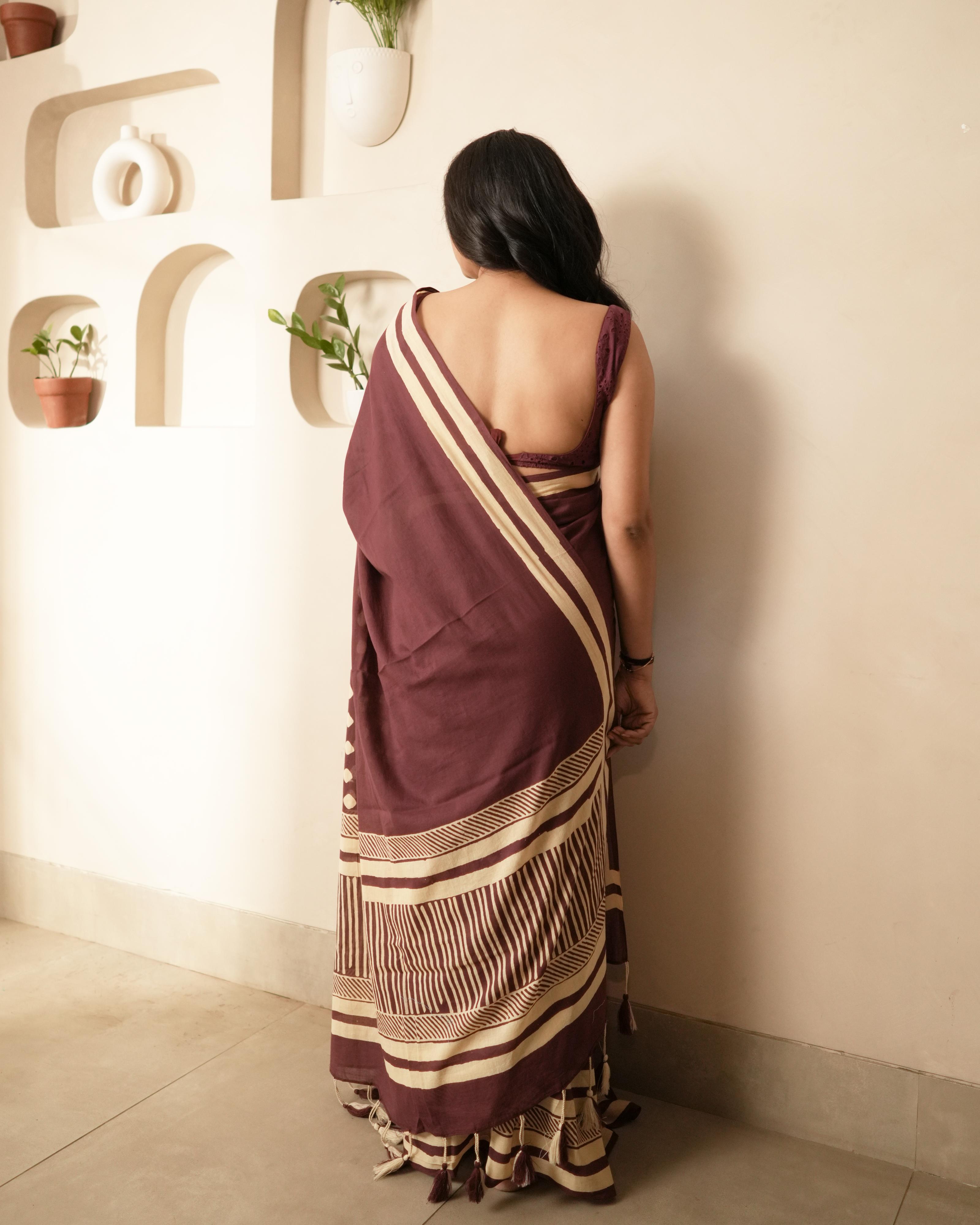 Maroon Hand Block Printed Mul Saree with Tassels