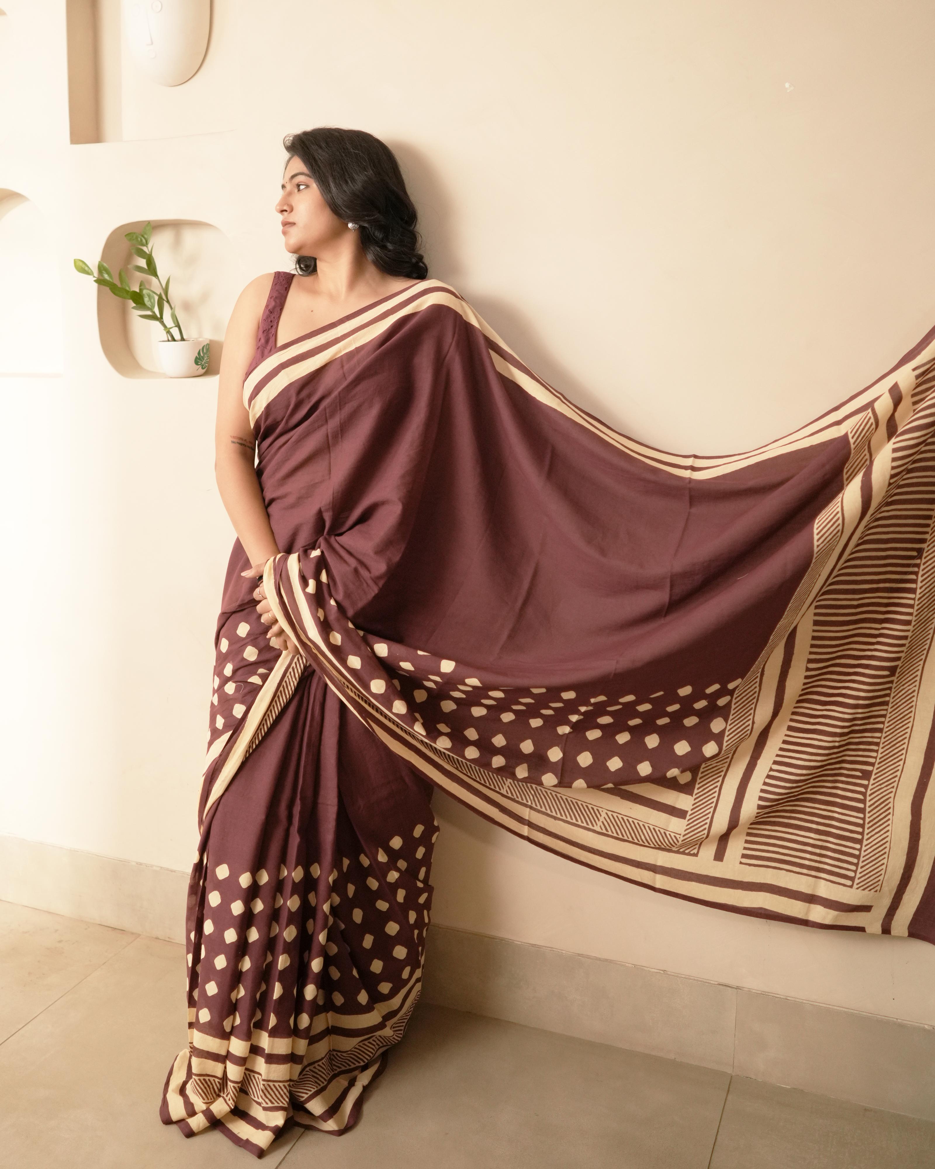 Maroon Hand Block Printed Mul Saree with Tassels