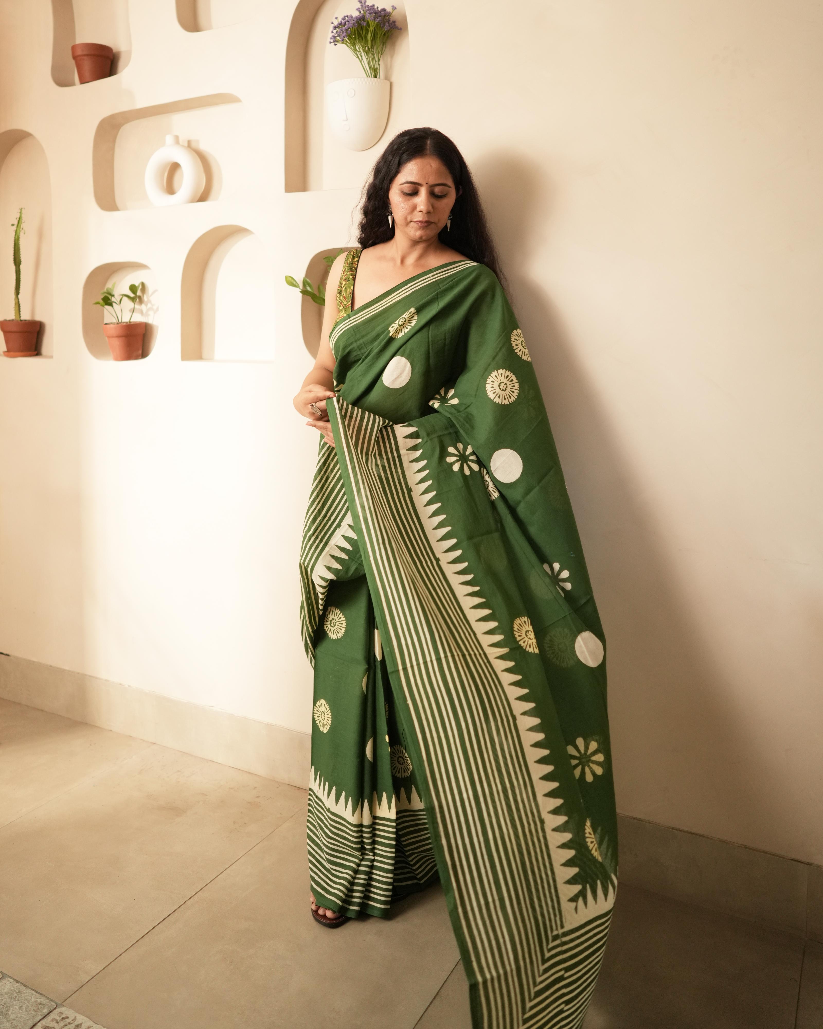 Green Hand Block Printed Mul Saree with Tassels