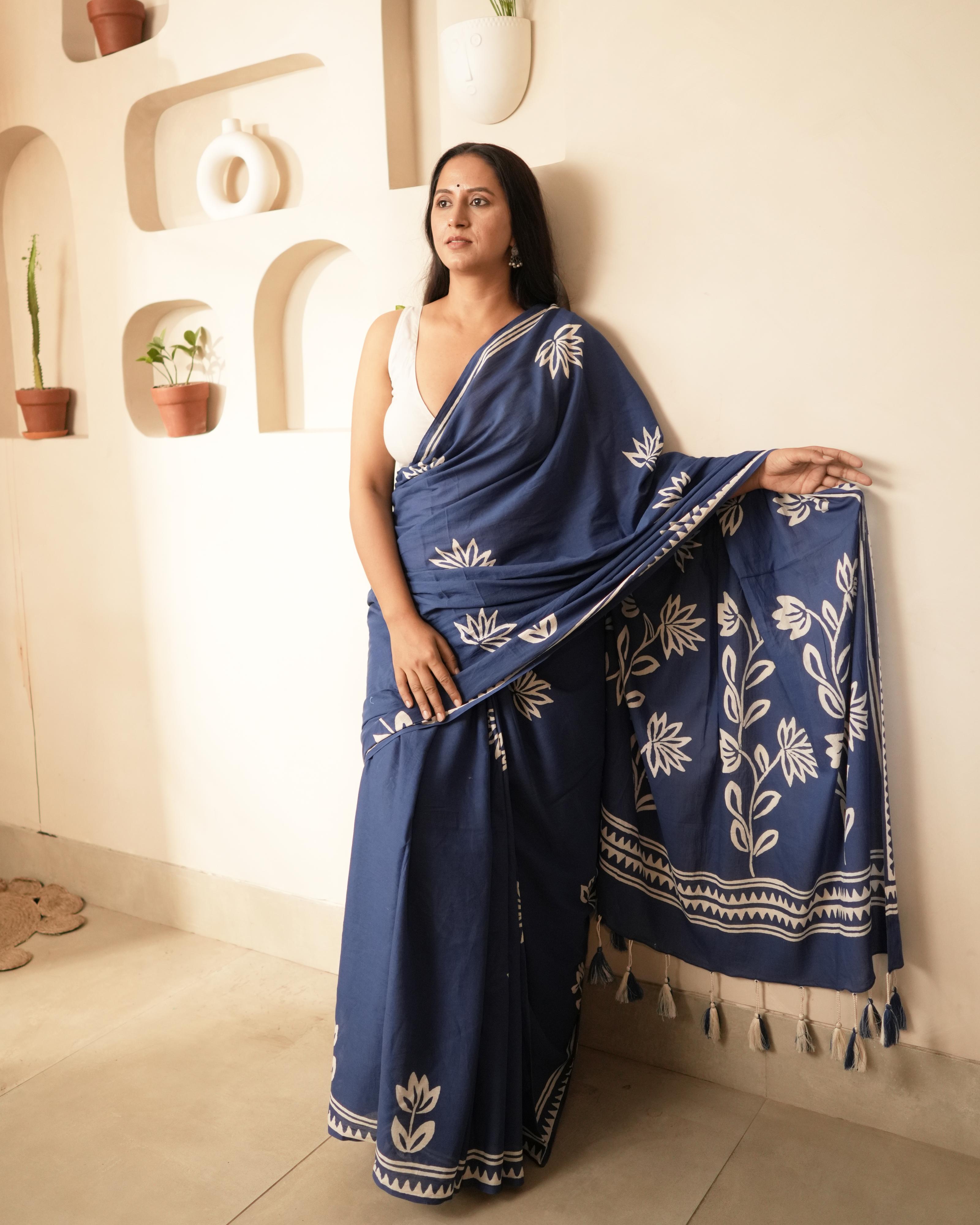 Royal Blue Hand Block Printed Mul Saree with Tassels