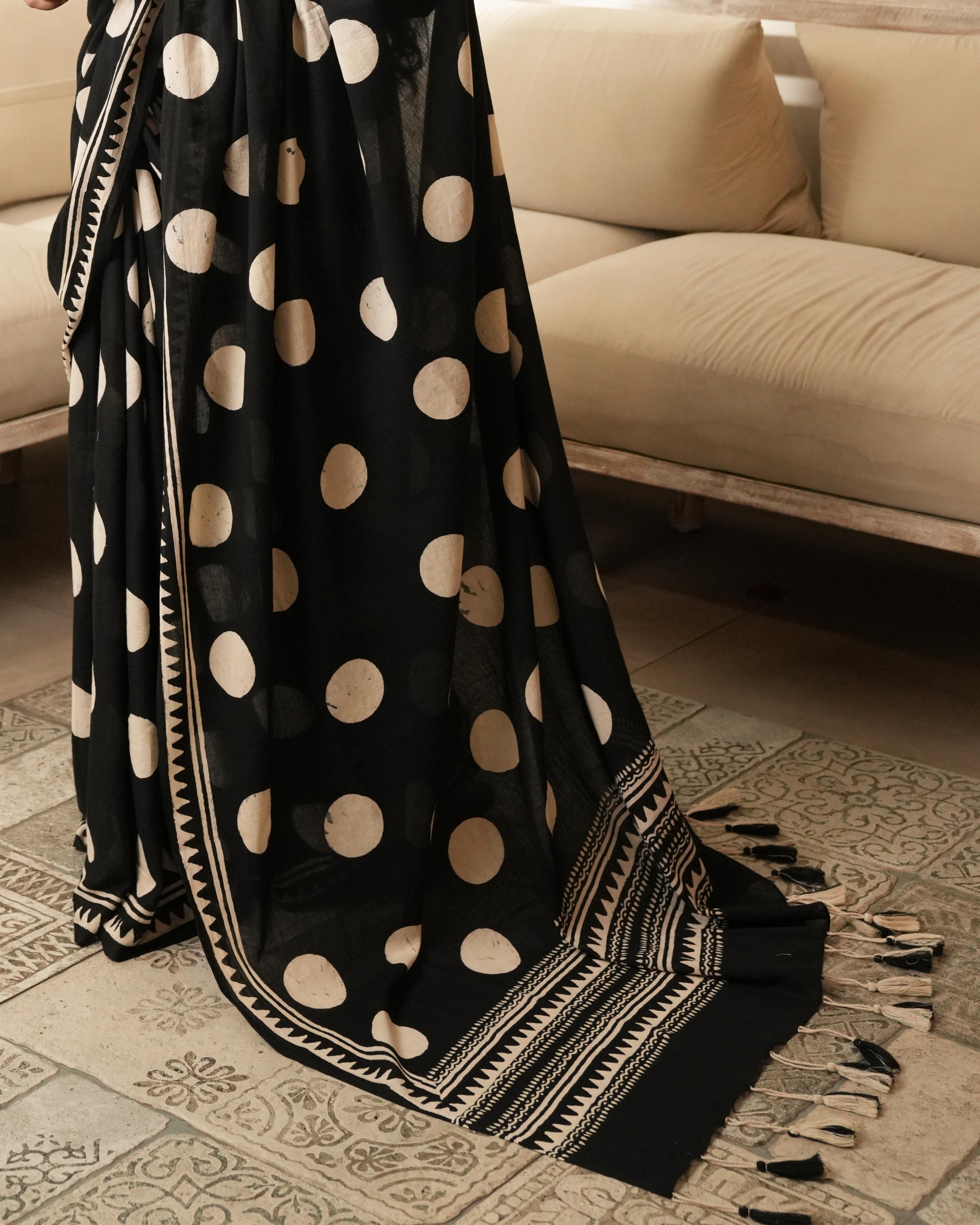 Black Polka Dot Mul Saree with Tassels