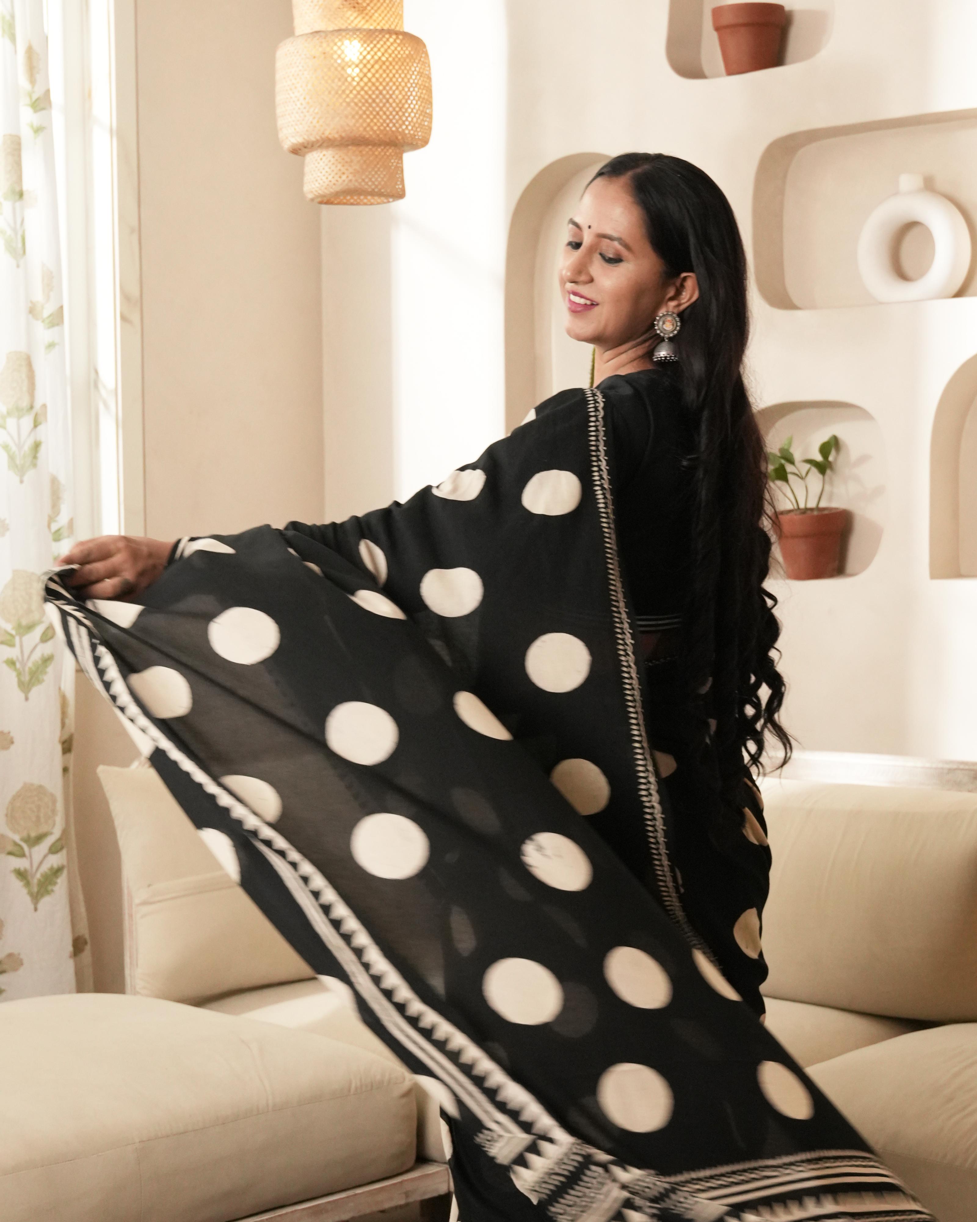 Black Polka Dot Mul Saree with Tassels