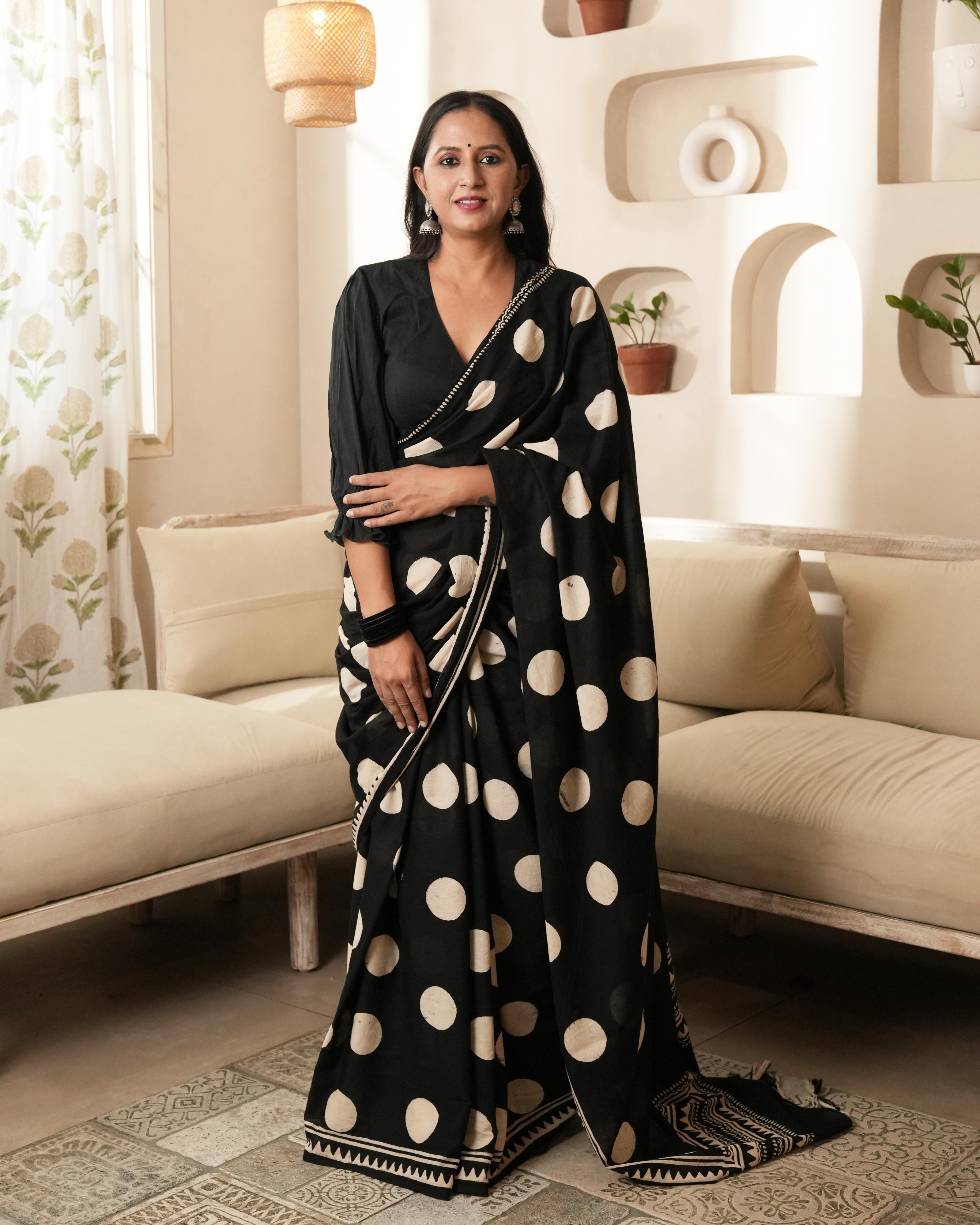 Black Polka Dot Mul Saree with Tassels