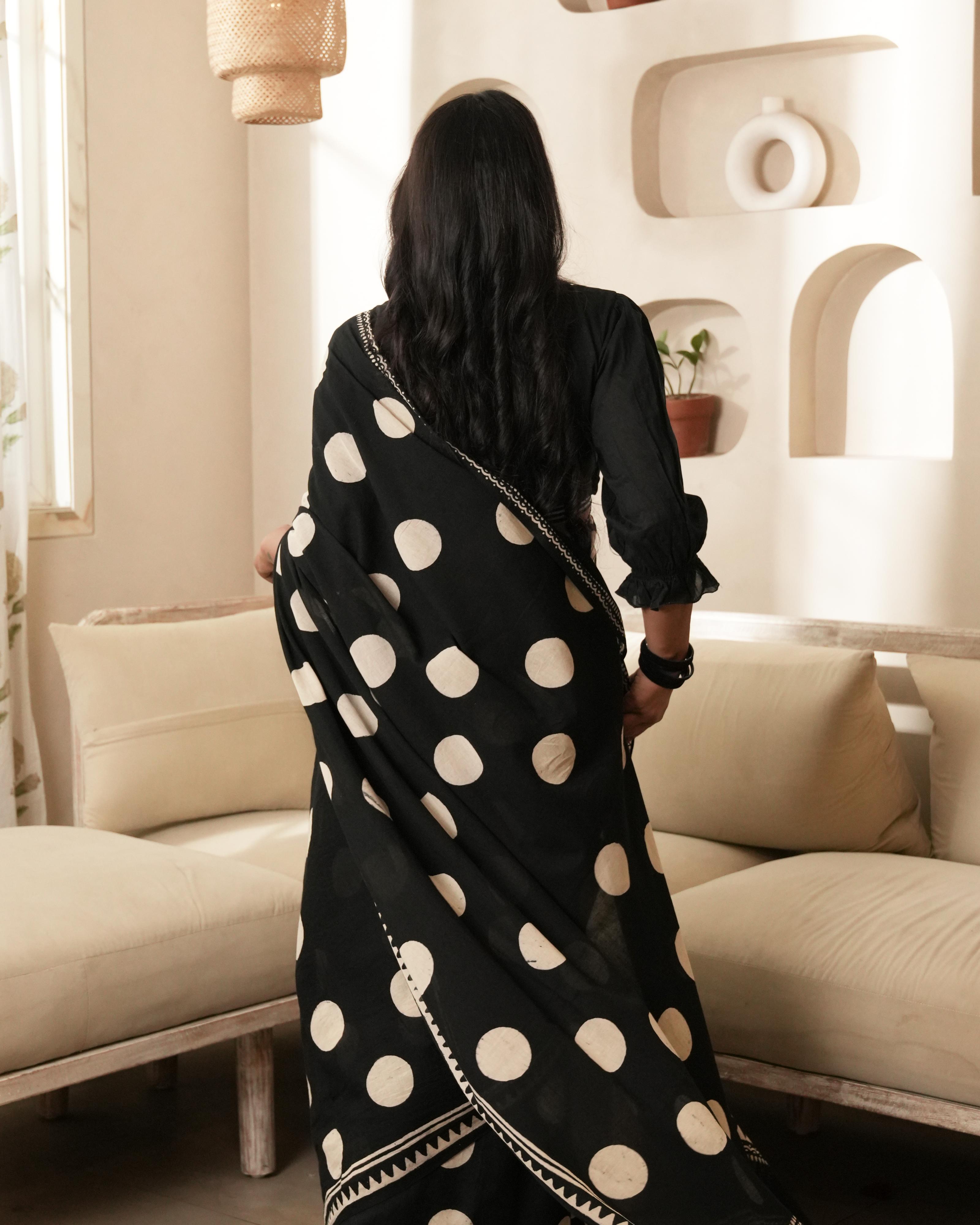 Black Polka Dot Mul Saree with Tassels