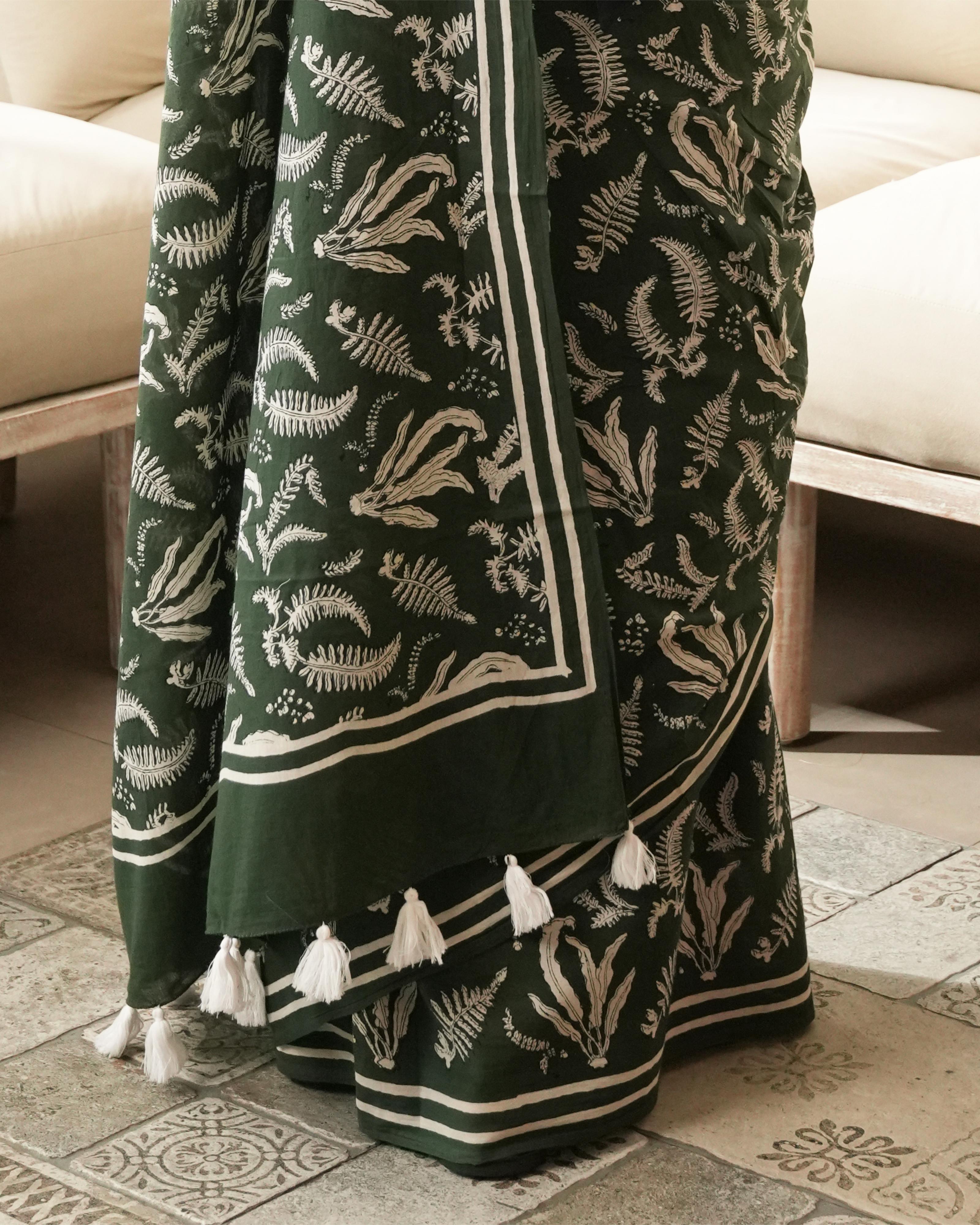 Green Hand Block Printed Mul Saree with Tassels