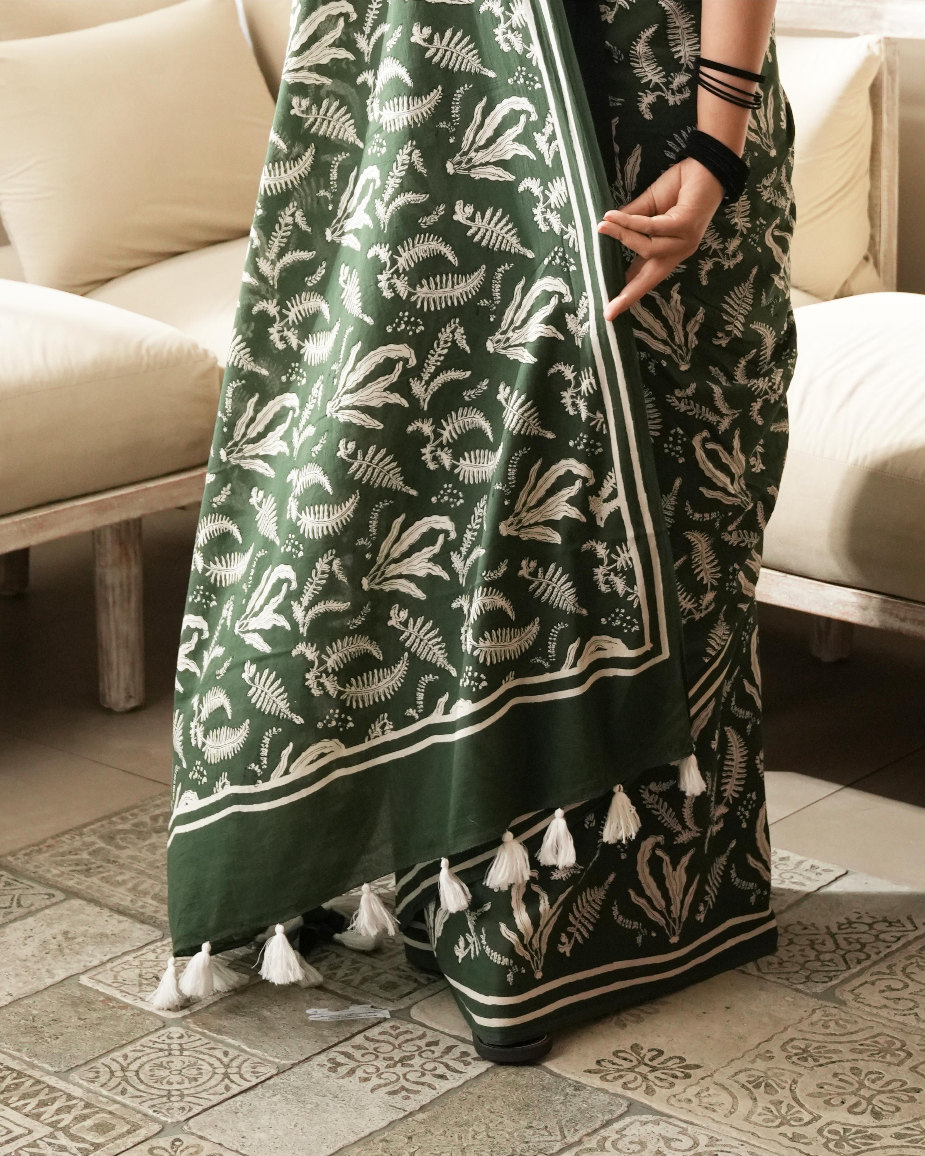 Green Hand Block Printed Mul Saree with Tassels