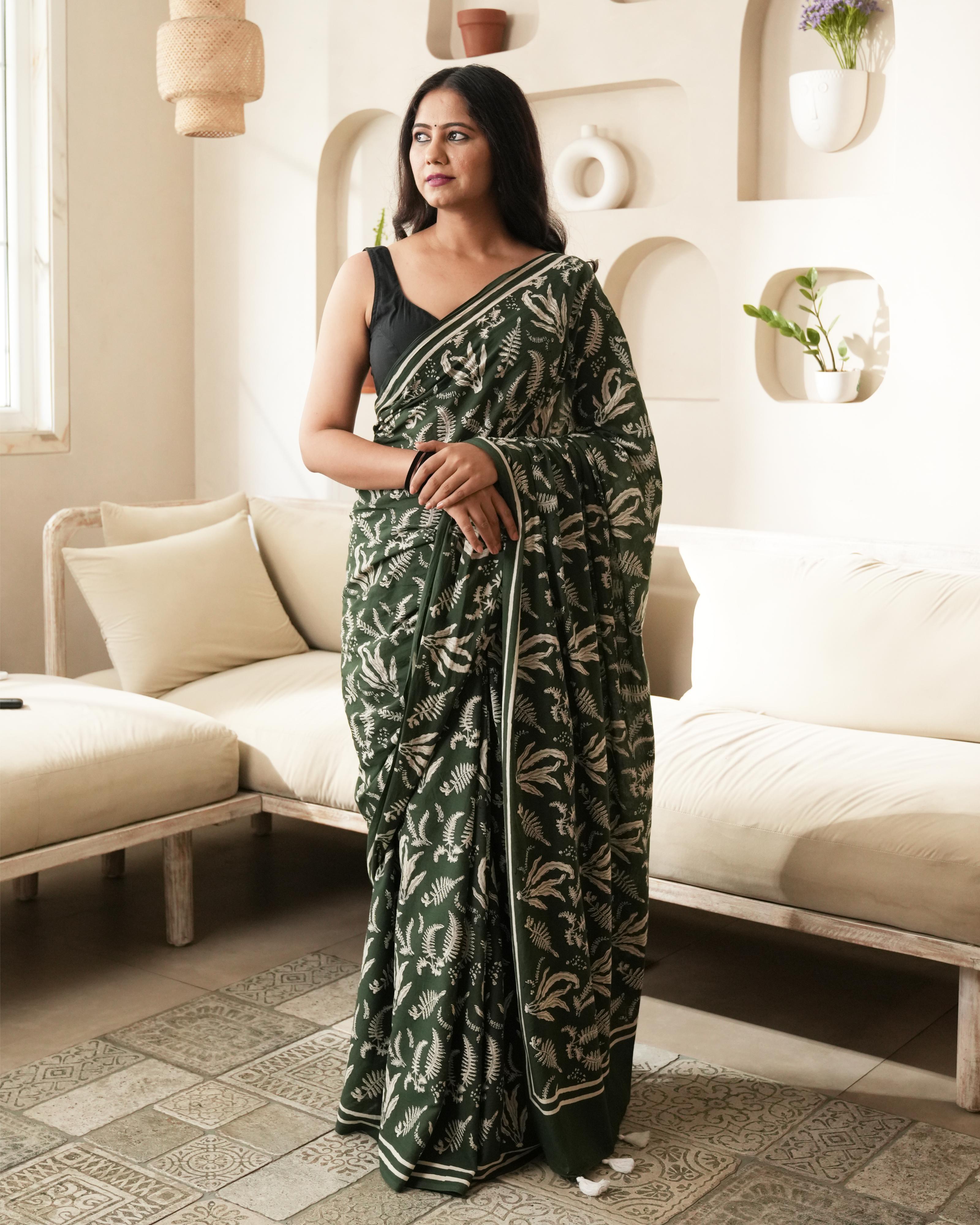 Green Hand Block Printed Mul Saree with Tassels