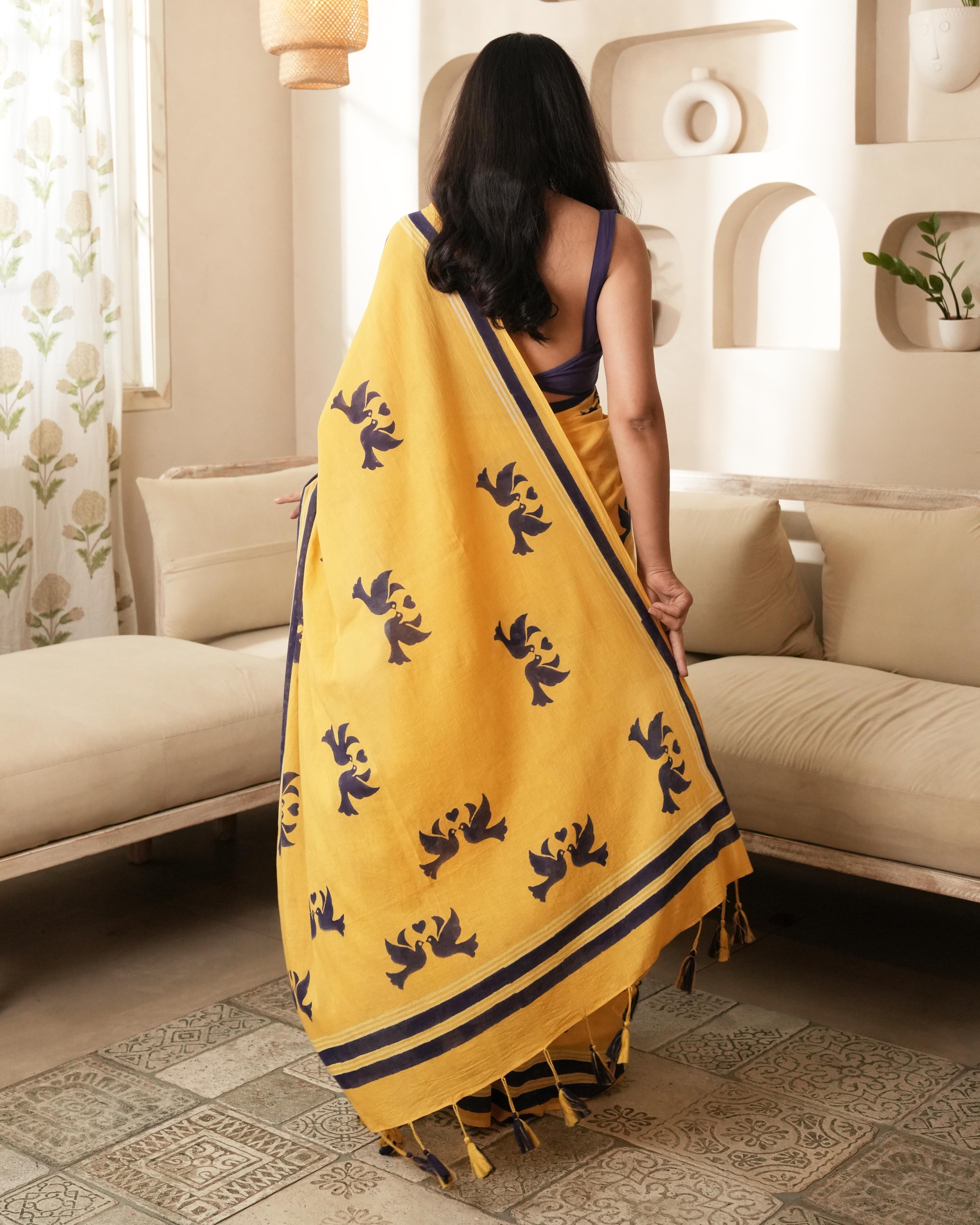Yellow lovebird Hand Block Printed Mul Saree with Tassels