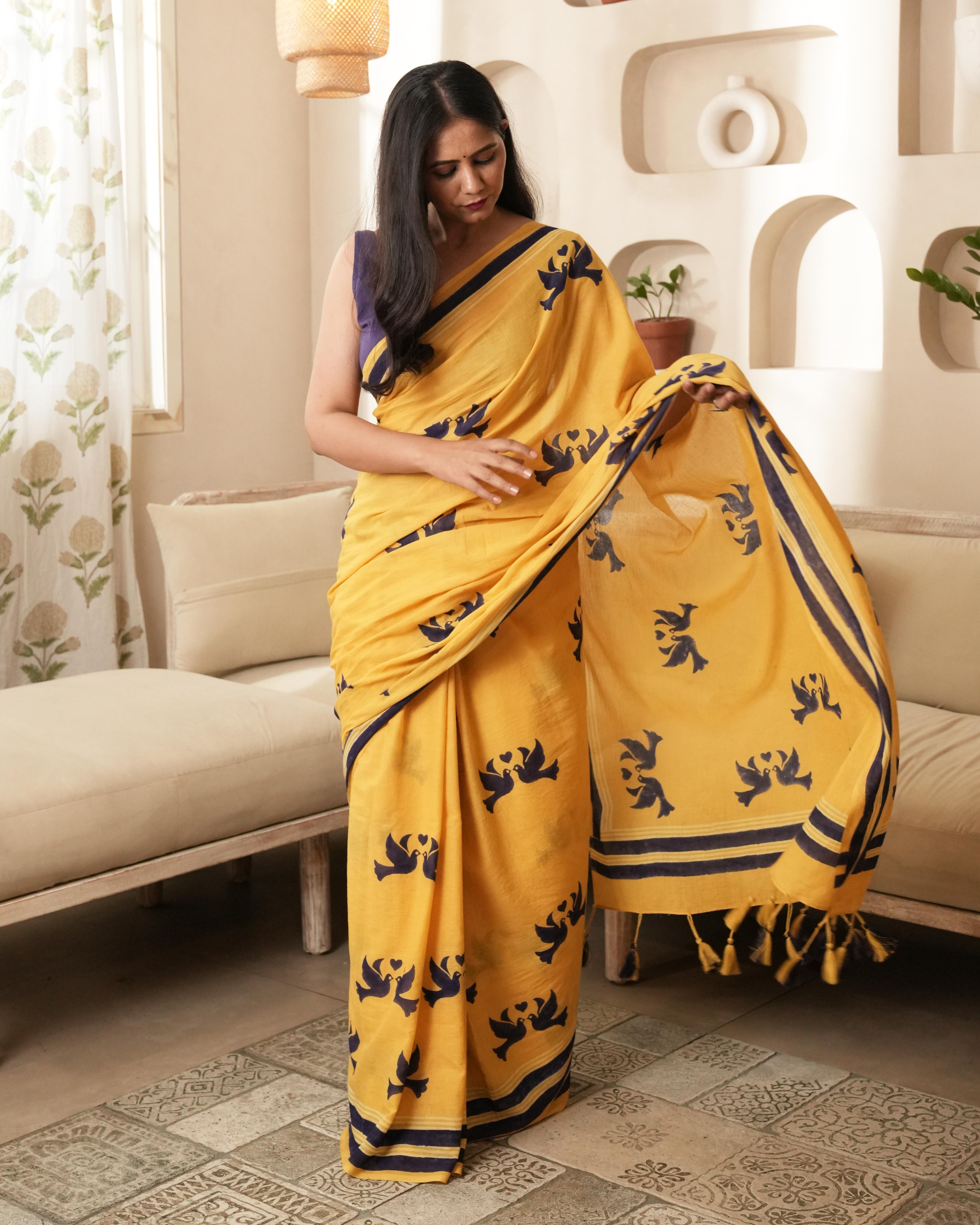 Yellow lovebird Hand Block Printed Mul Saree with Tassels