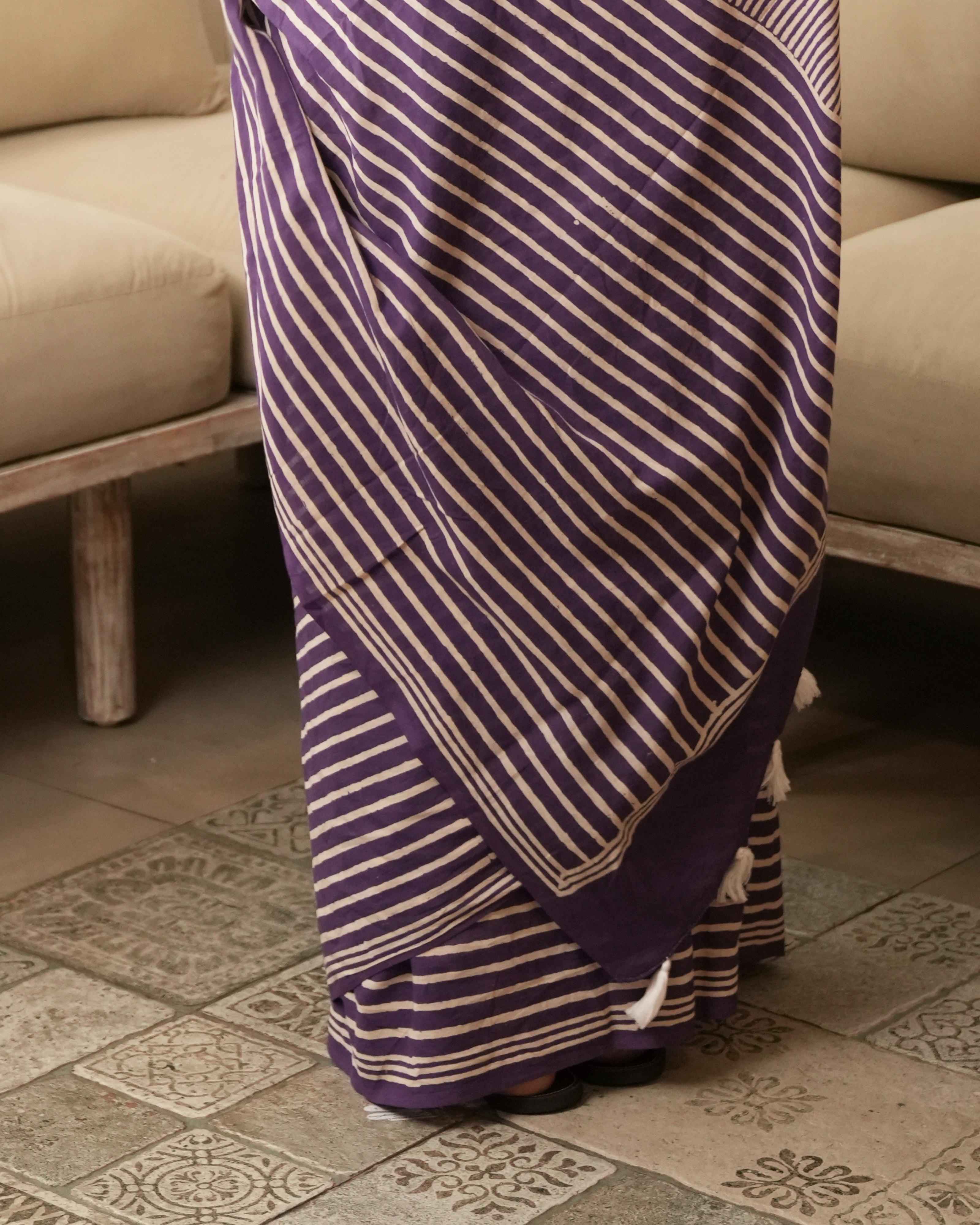 Violet Stripes Hand Block Printed Mul Saree with Tassels