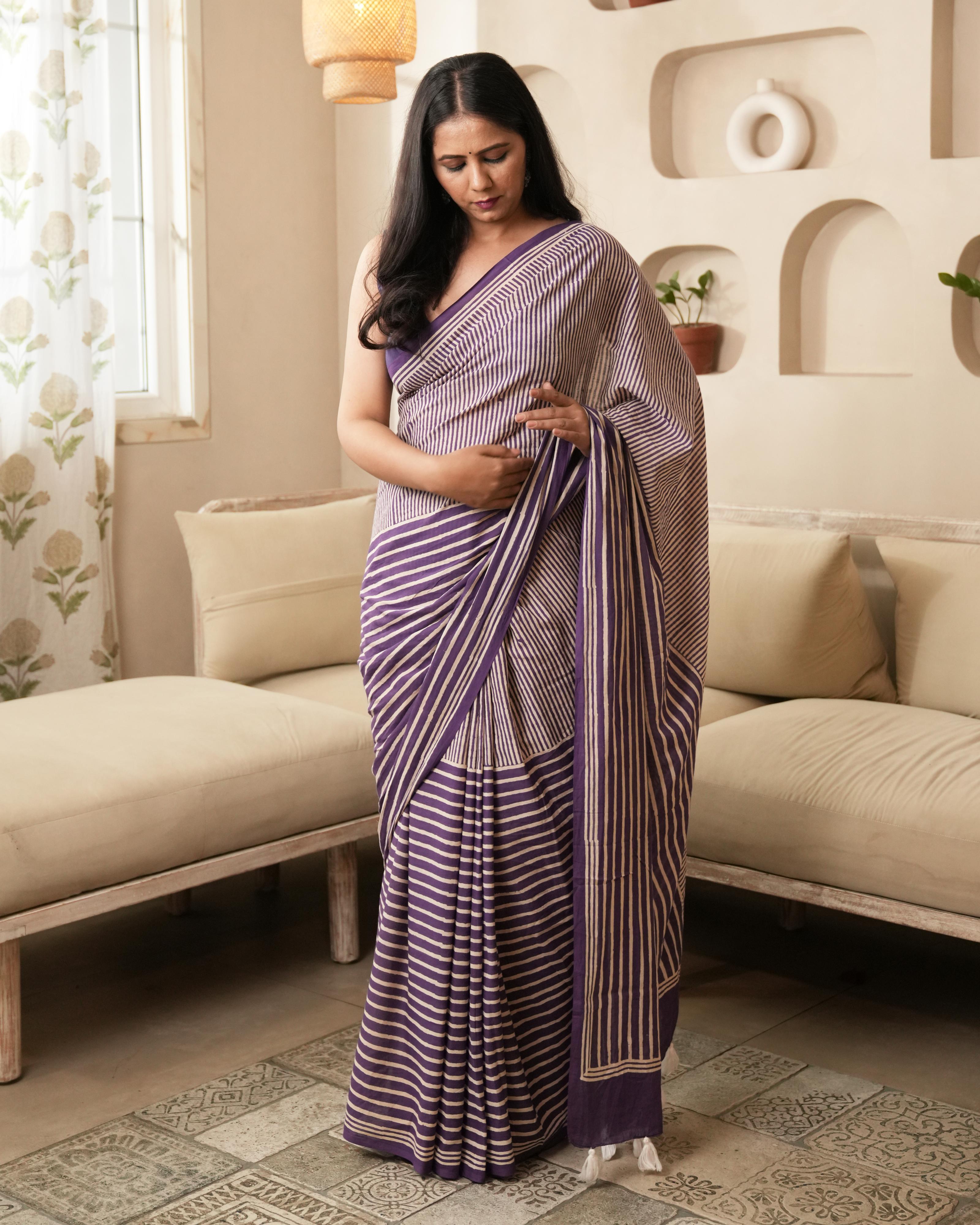 Violet Stripes Hand Block Printed Mul Saree with Tassels