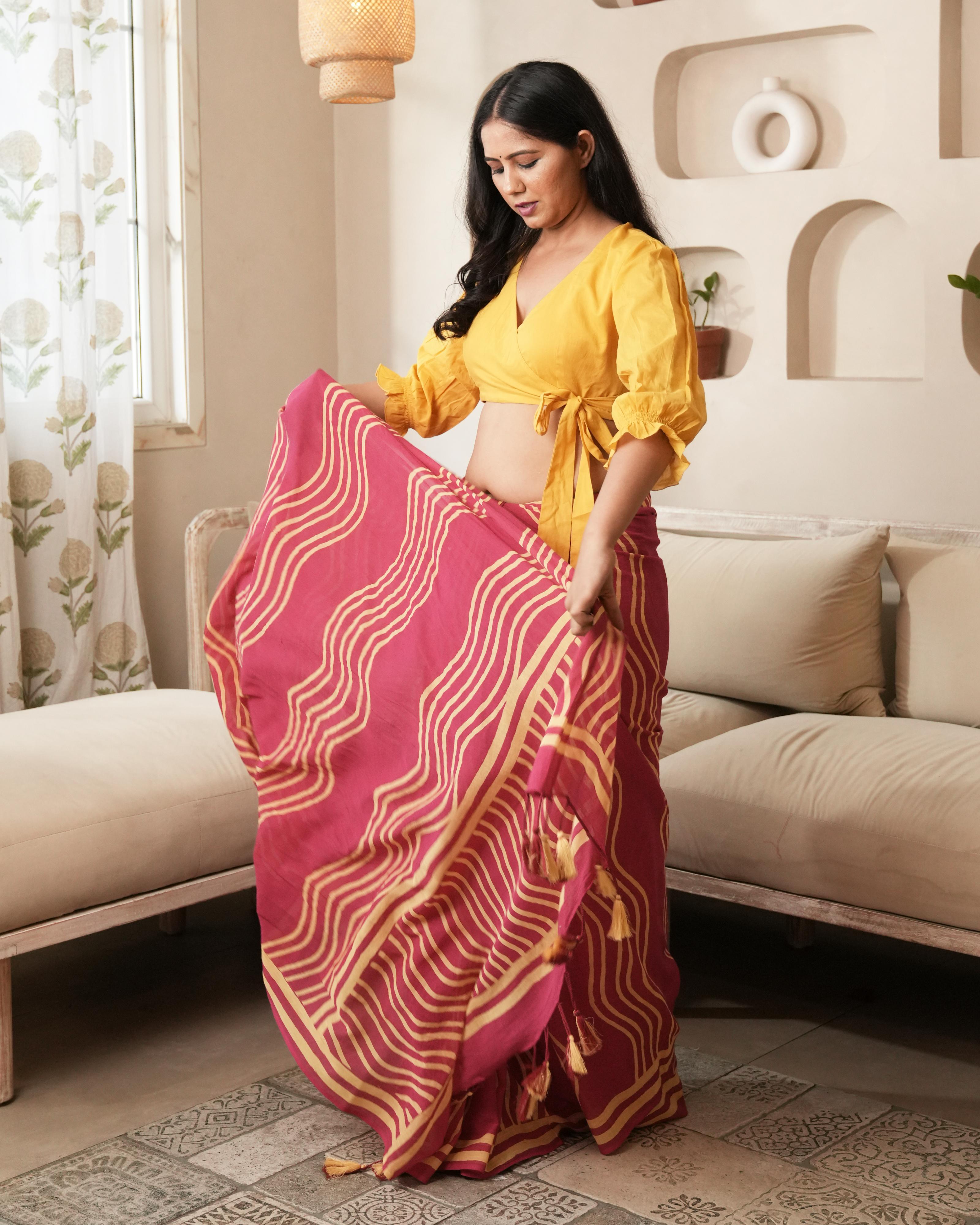 Pink Waves Hand Block Printed Mul Saree with Tassels