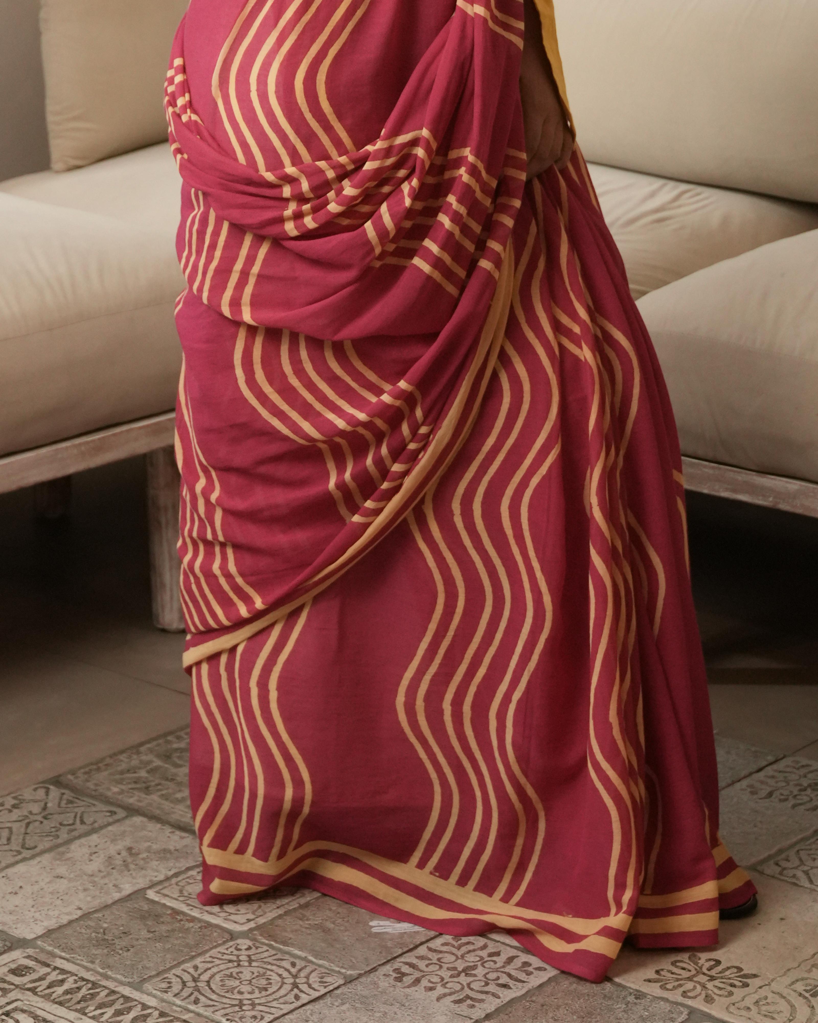 Pink Waves Hand Block Printed Mul Saree with Tassels