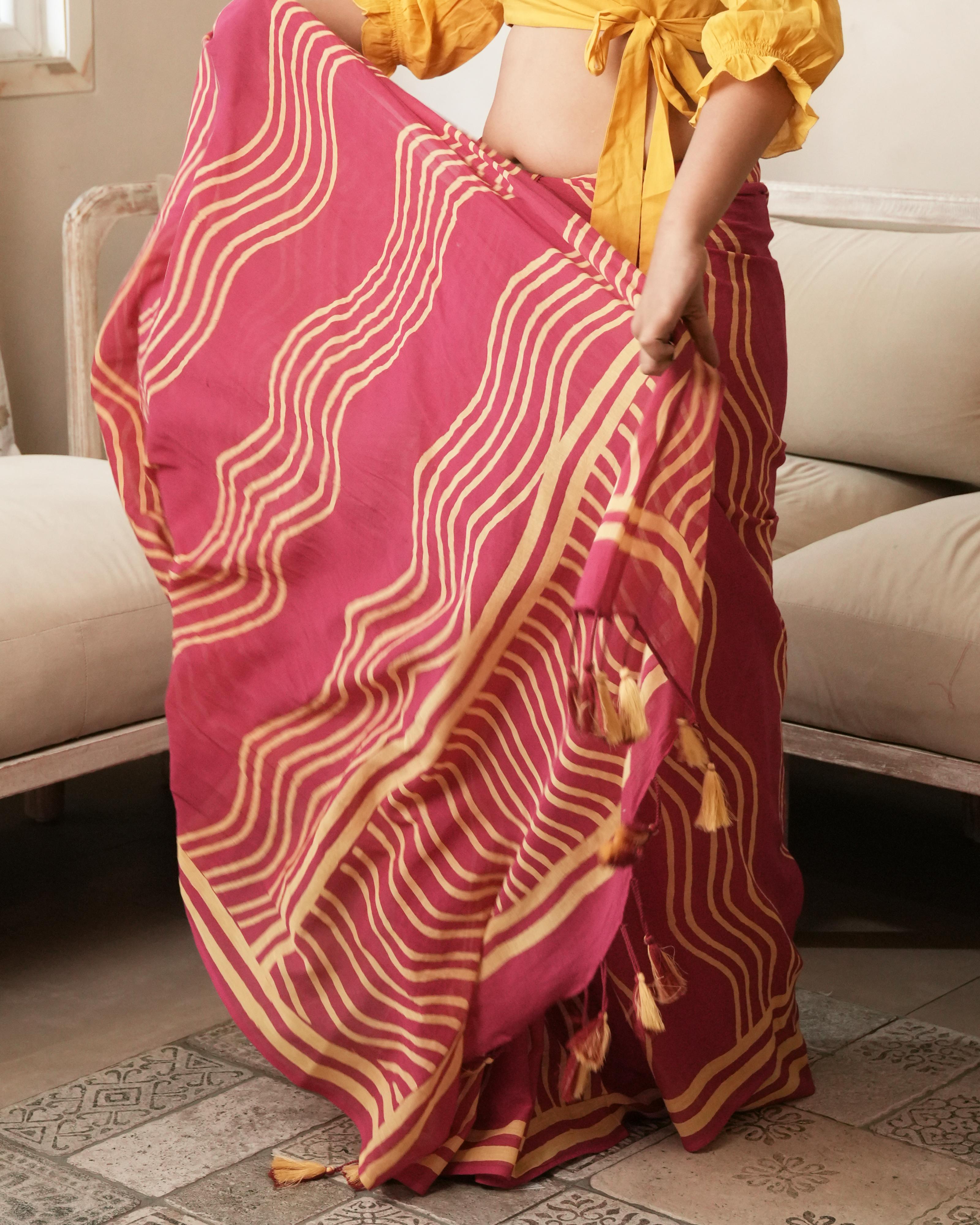 Pink Waves Hand Block Printed Mul Saree with Tassels
