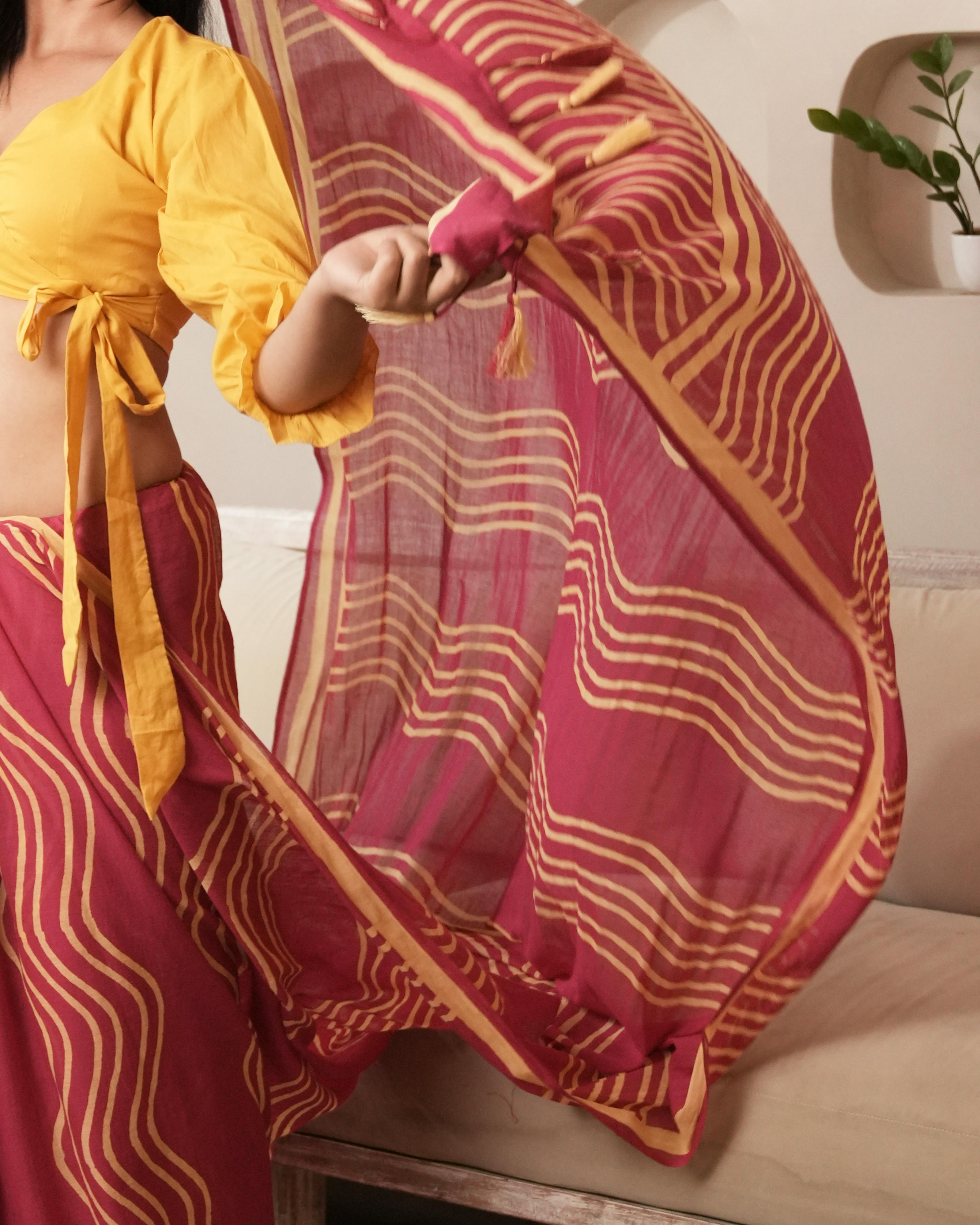 Pink Waves Hand Block Printed Mul Saree with Tassels