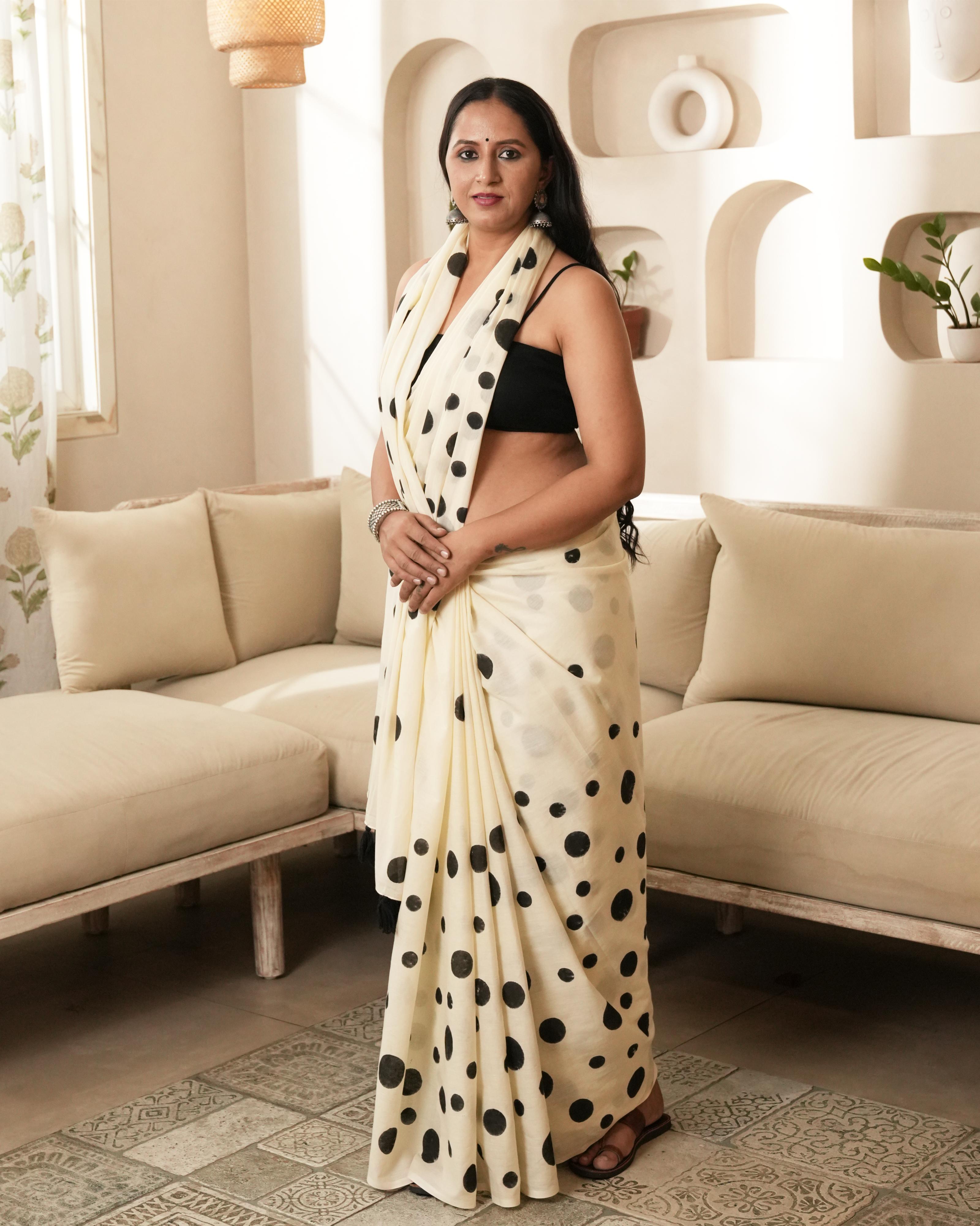 Ivory Heart Hand Block Printed Mul Saree with Tassels