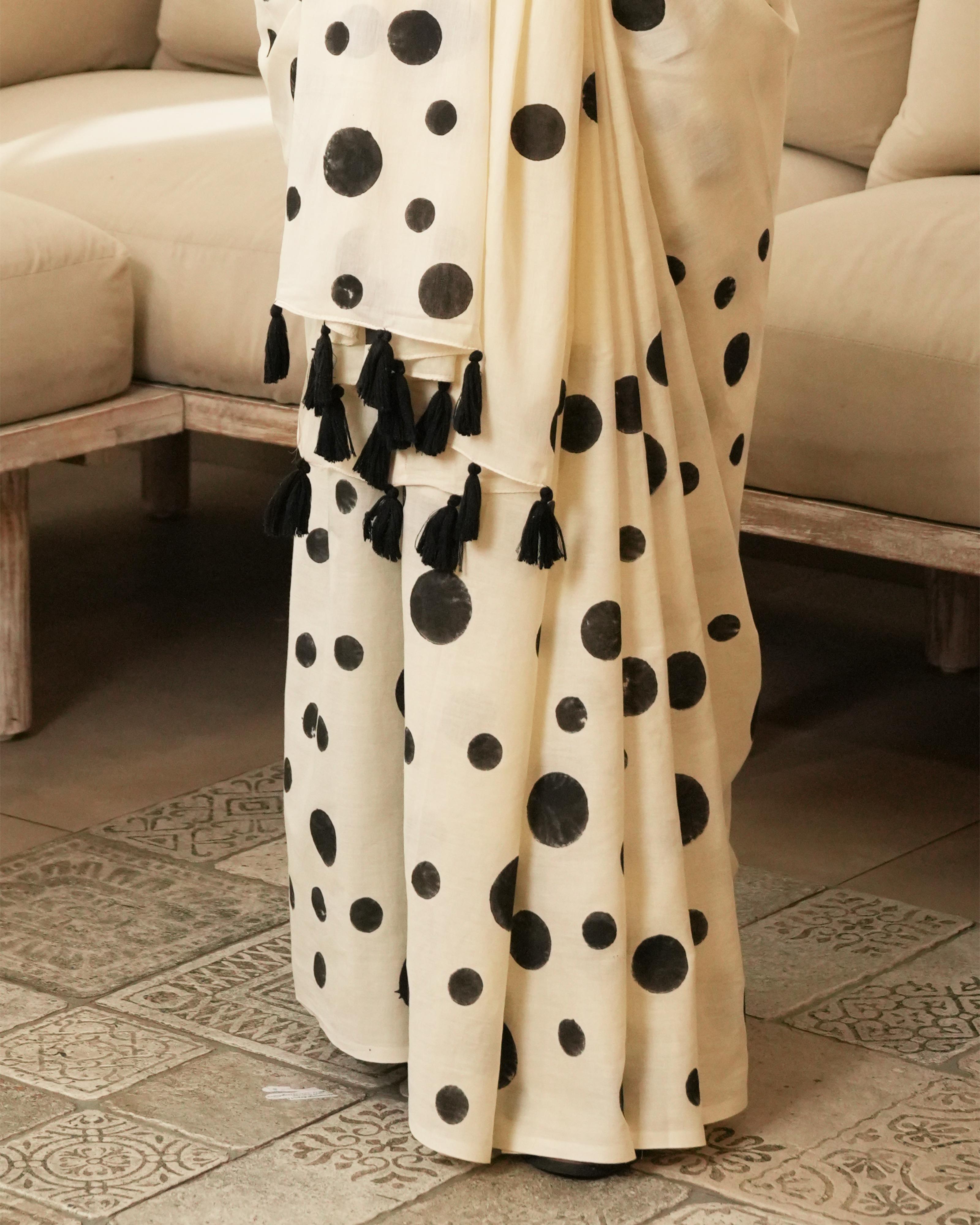 Ivory Heart Hand Block Printed Mul Saree with Tassels