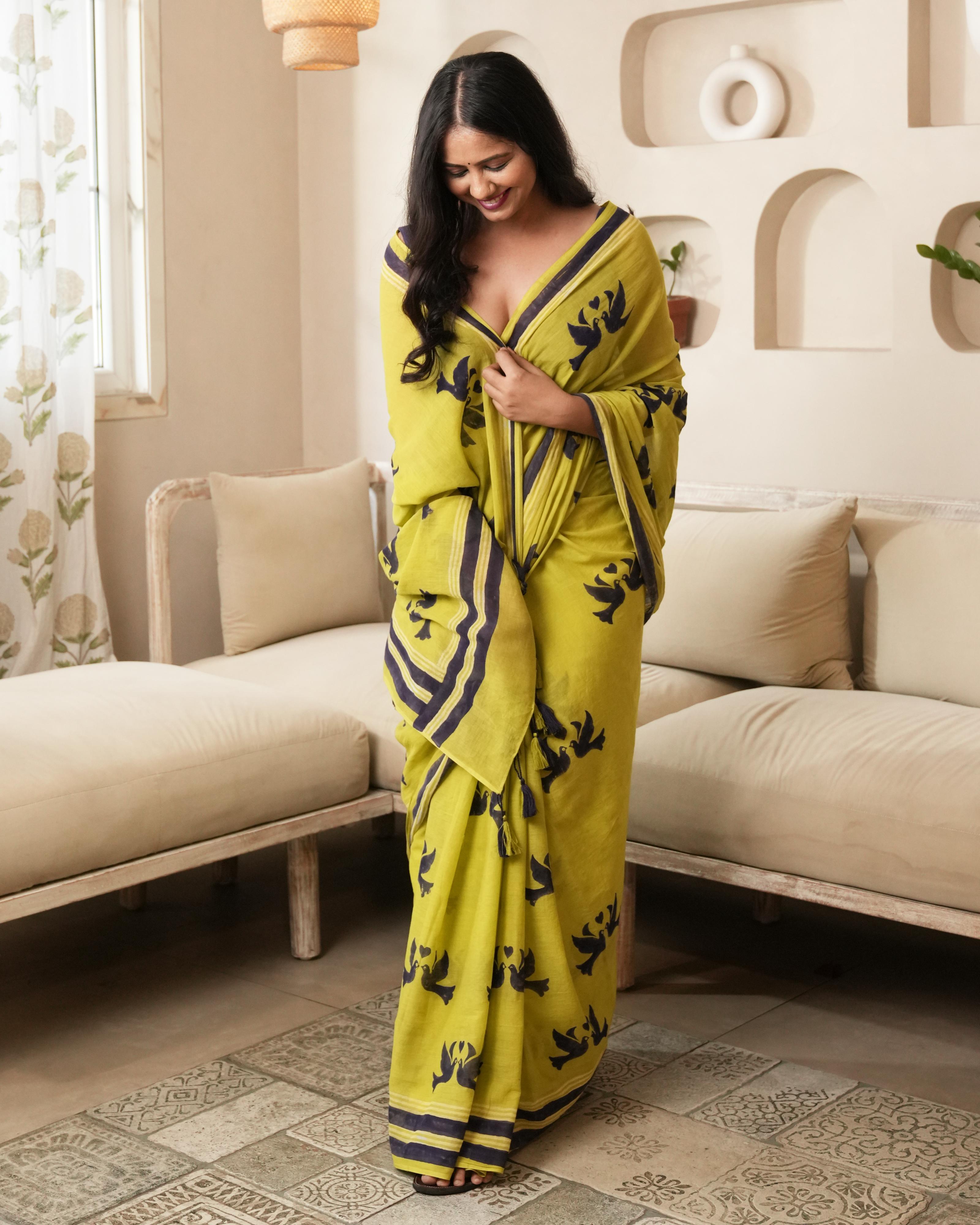 Green Lovebird Hand Block Printed Mul Saree with Tassels