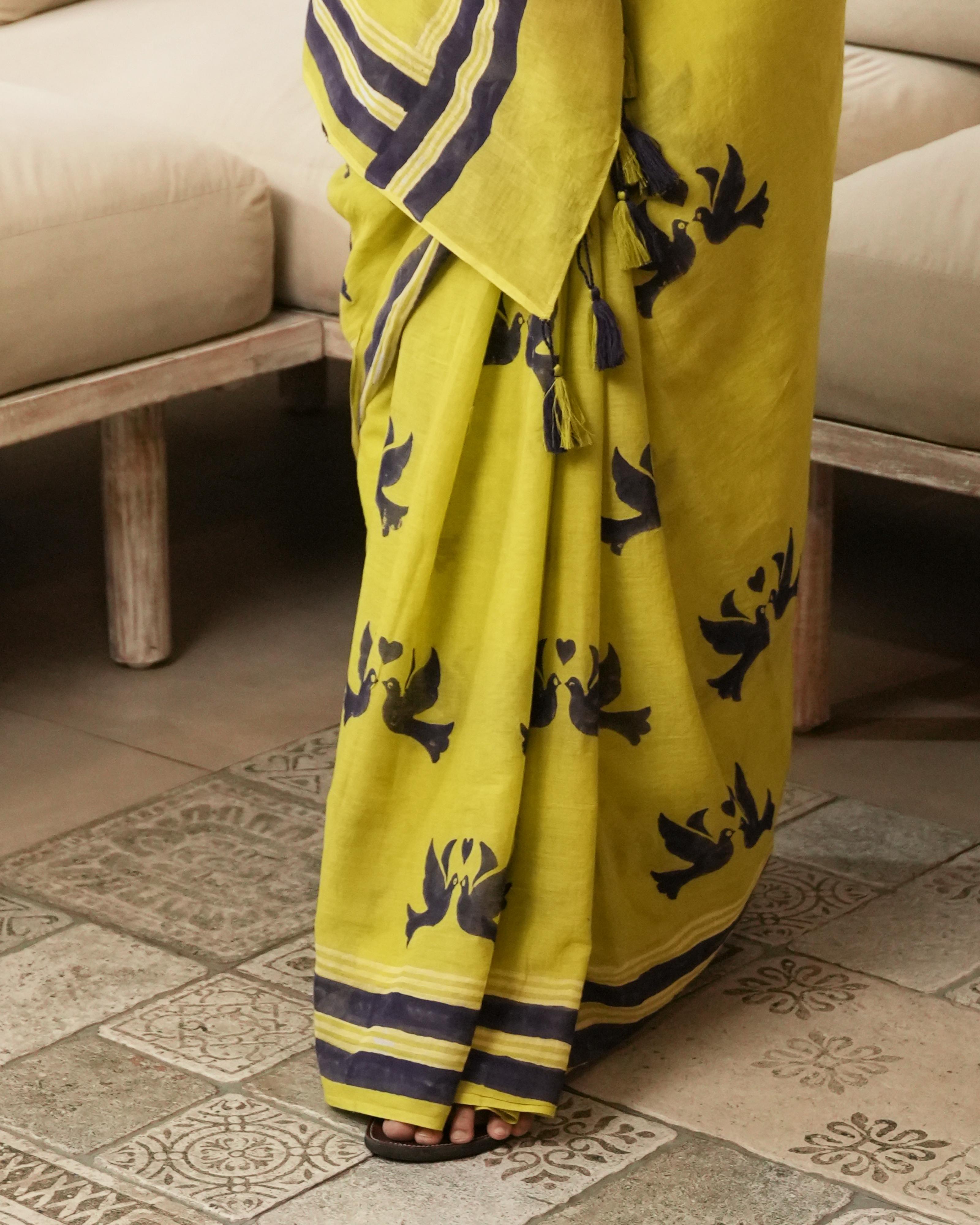 Green Lovebird Hand Block Printed Mul Saree with Tassels