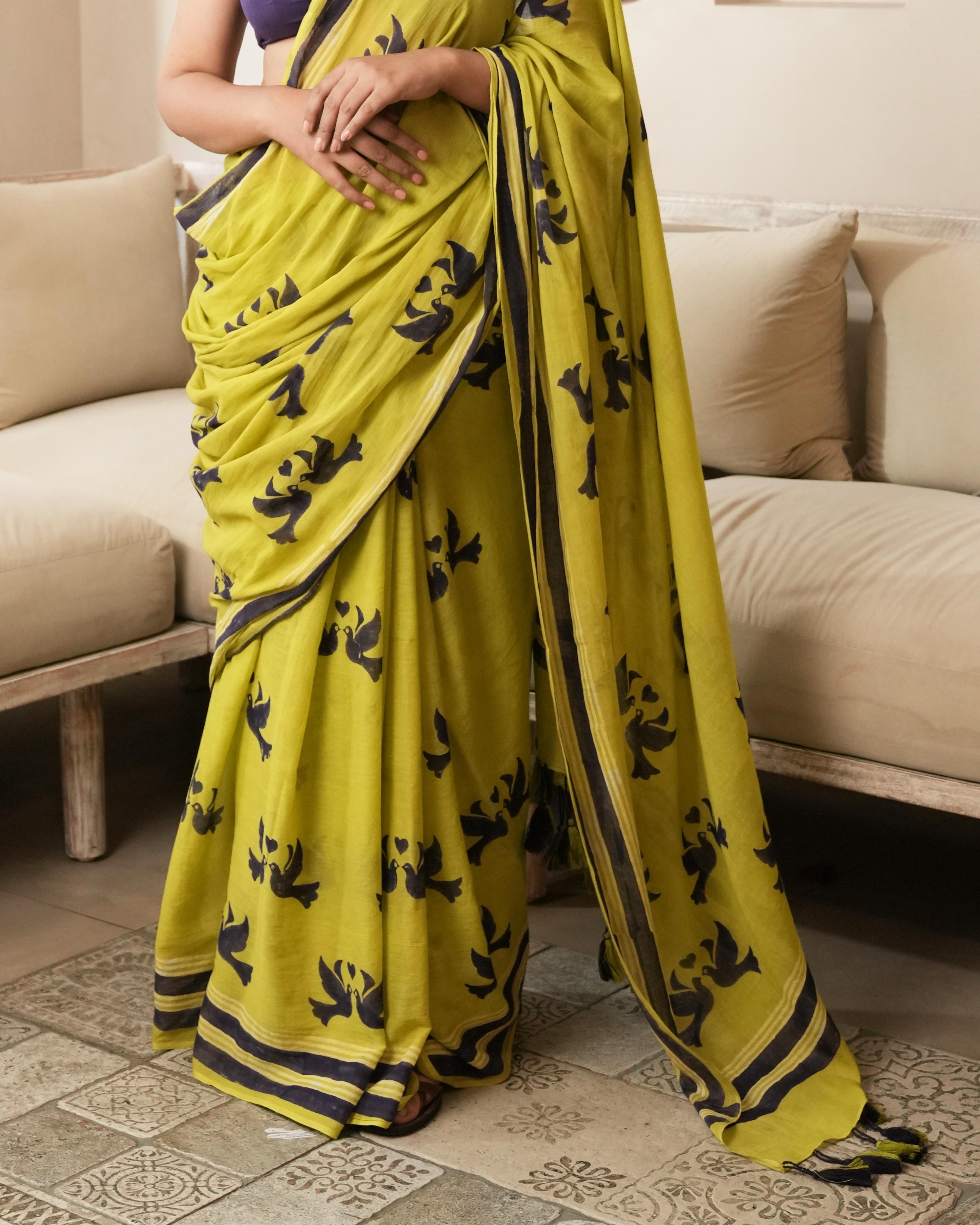 Green Lovebird Hand Block Printed Mul Saree with Tassels