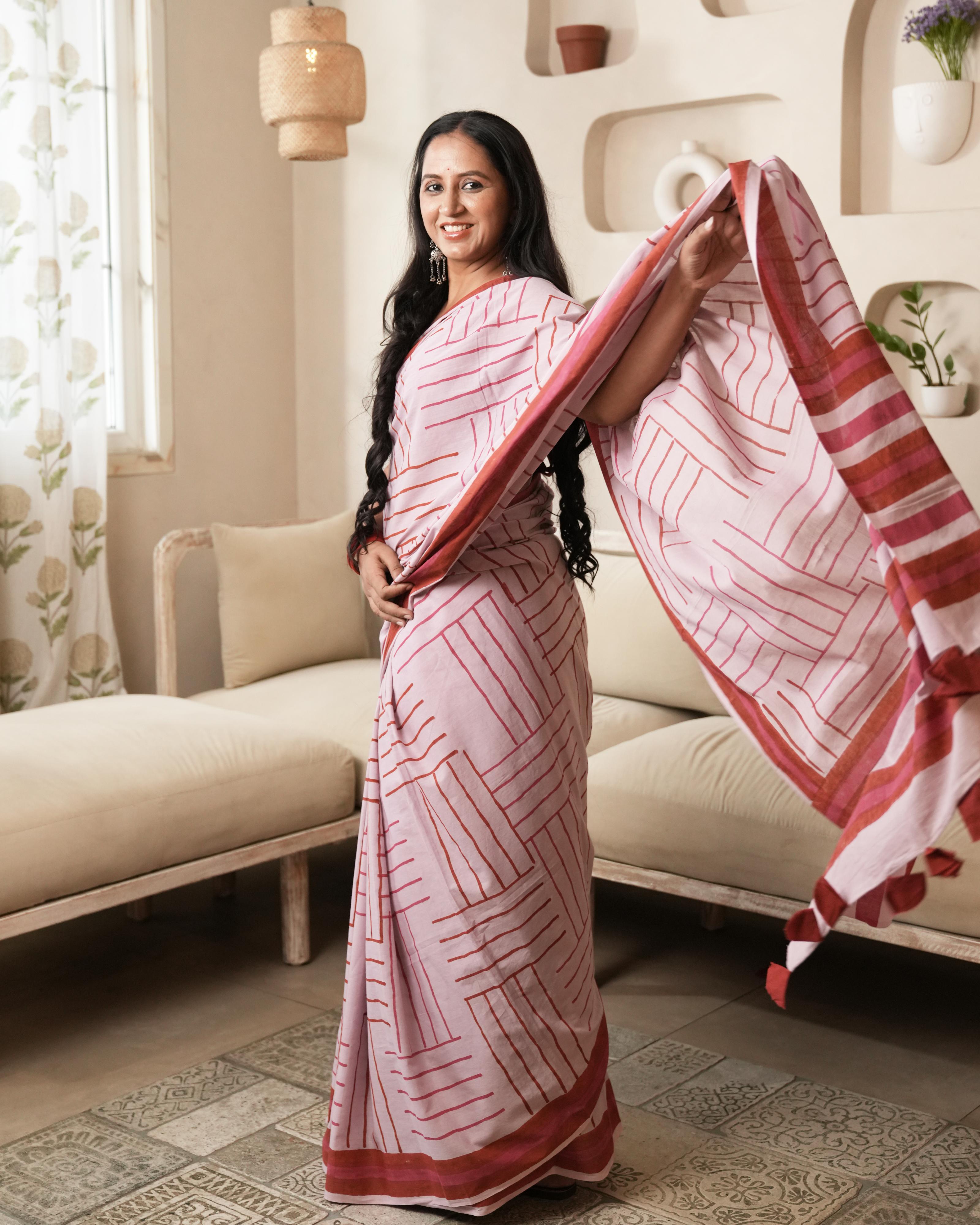 Mauve Geometry Hand Block Printed Mul Saree with Tassels