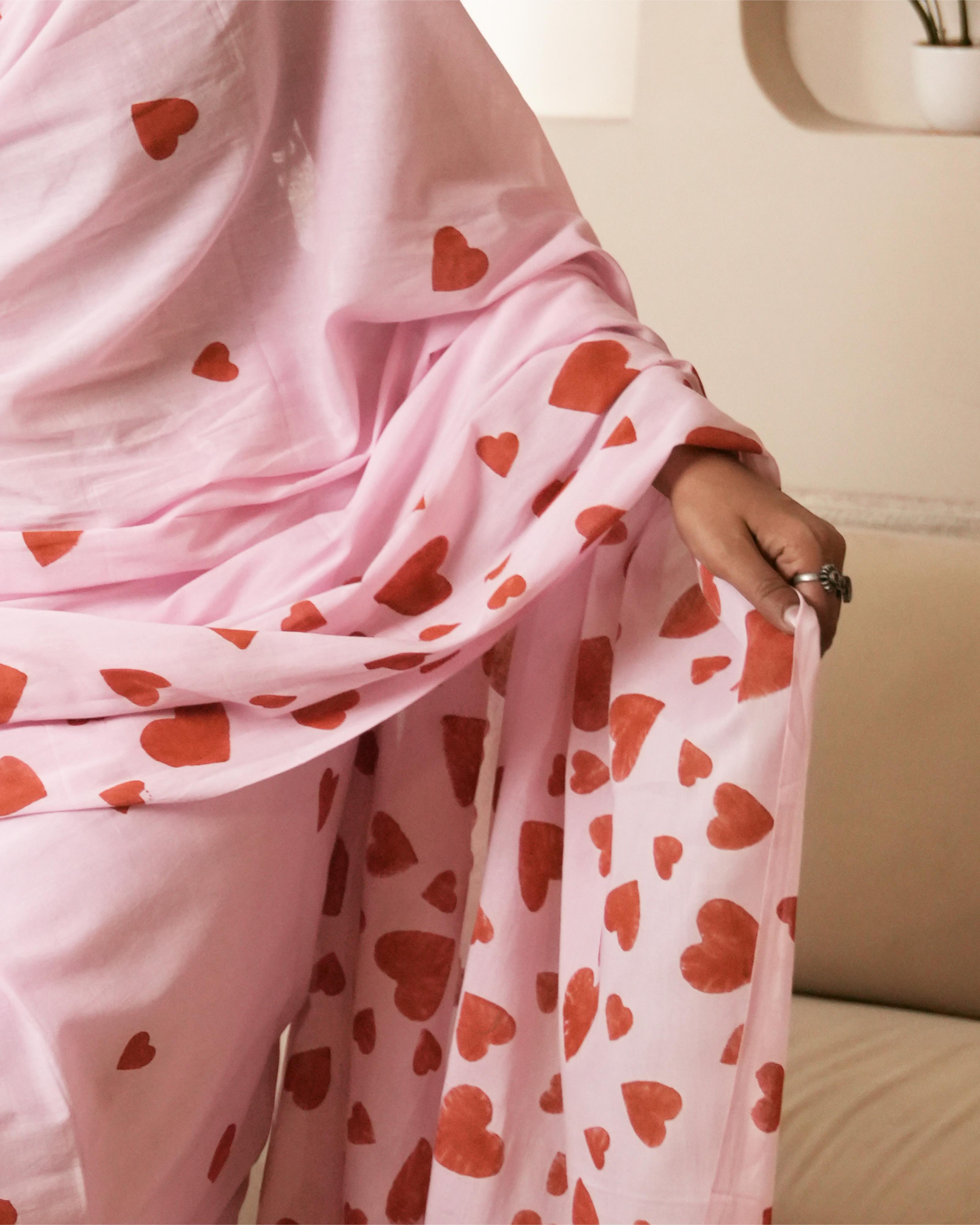 Pink Sweetheart Hand Block Printed Mul Saree with Tassels