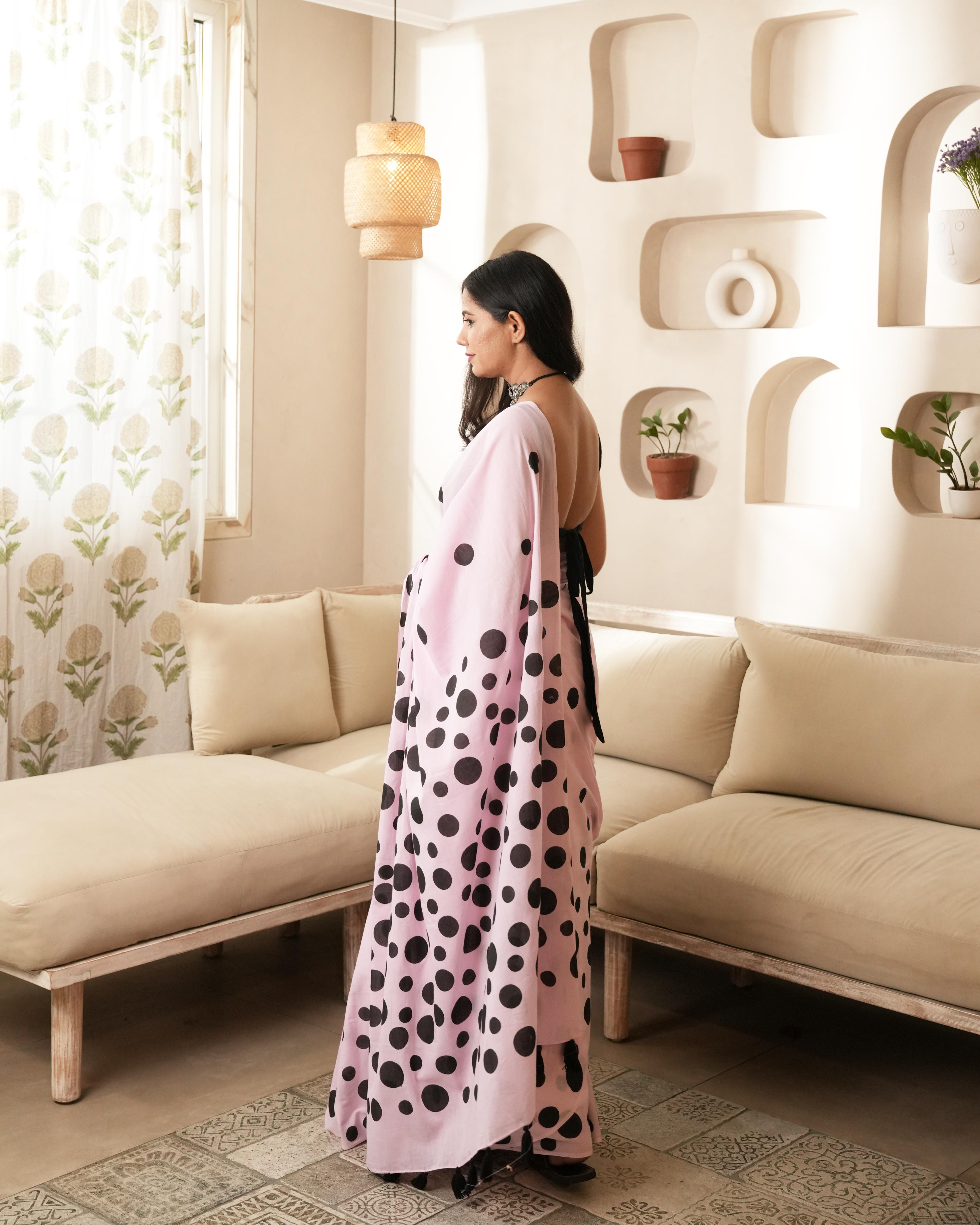 Baby Pink Polka Dot Mul Saree with Tassels
