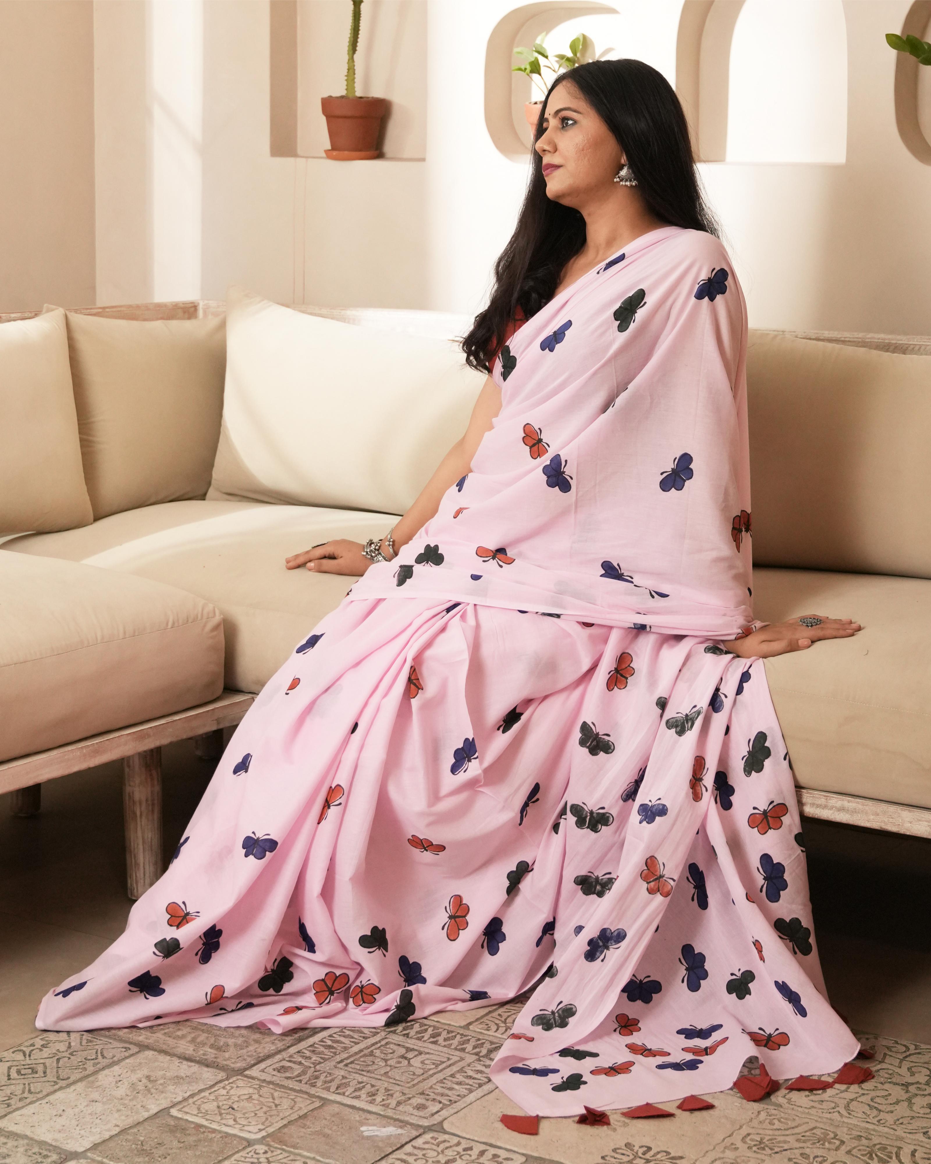 Butterfly Kisses Hand Block Printed Mul Saree with Tassels