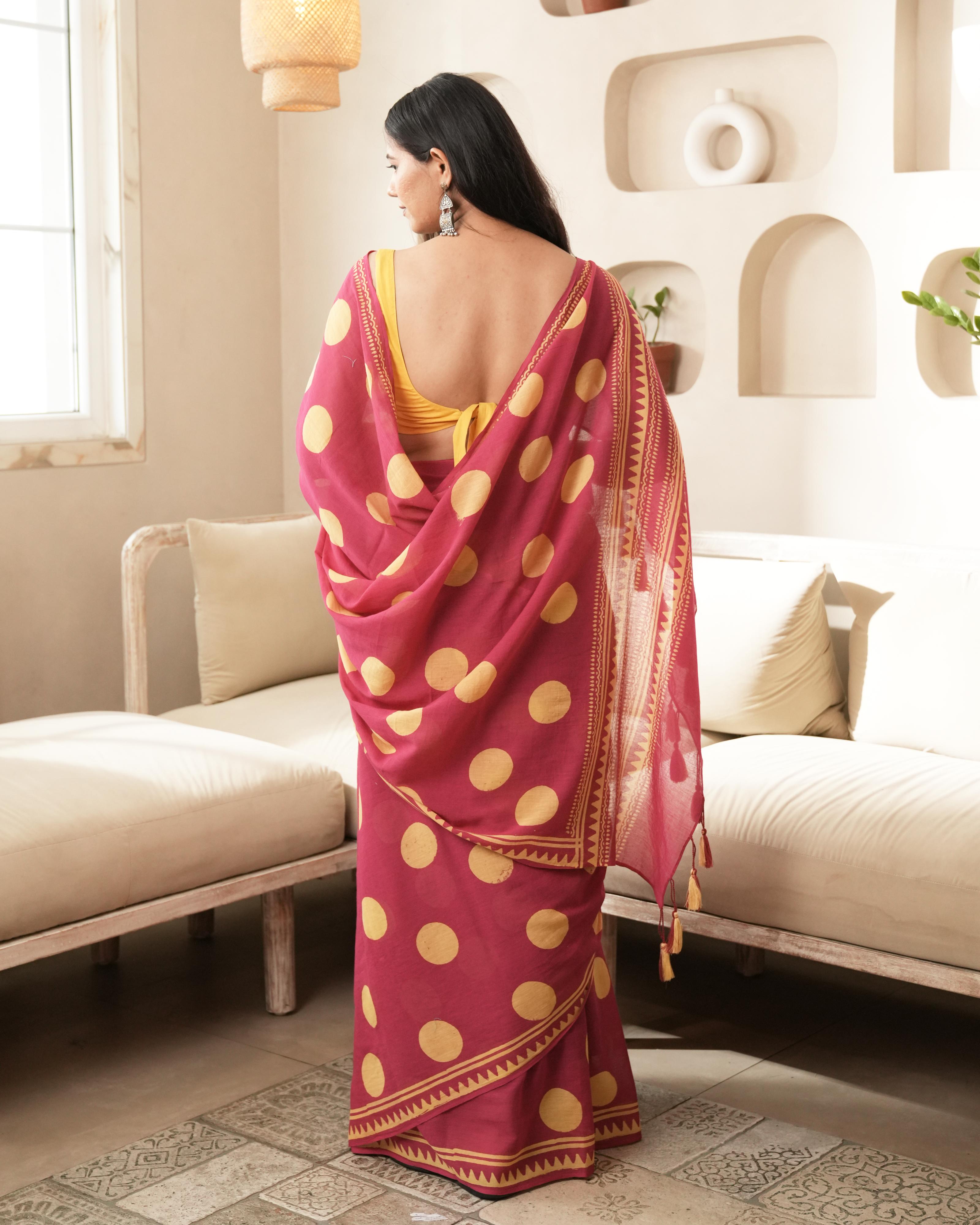 Magenta Charm – Polka Dot Mul Saree with Tassels