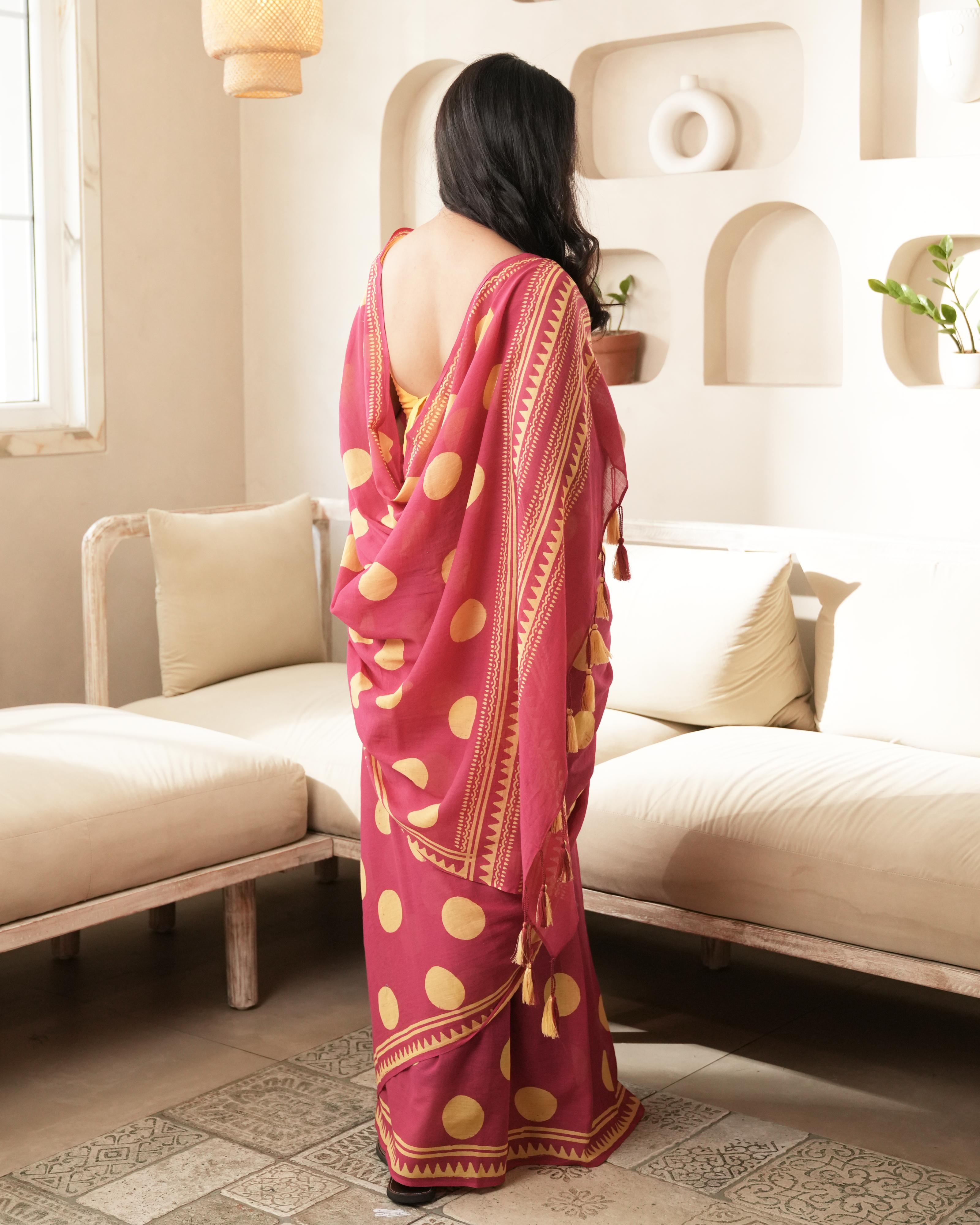 Magenta Charm – Polka Dot Mul Saree with Tassels