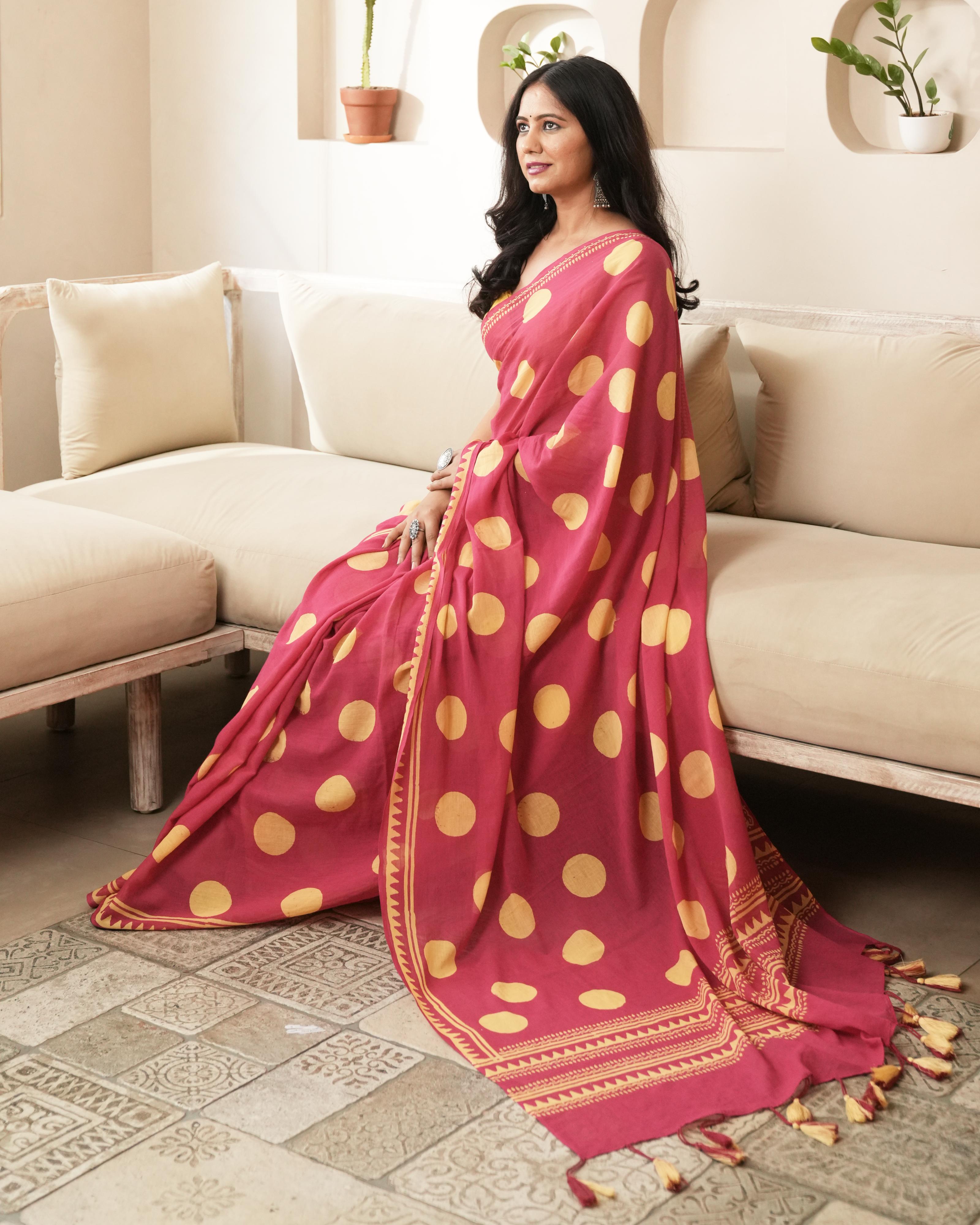 Magenta Charm – Polka Dot Mul Saree with Tassels