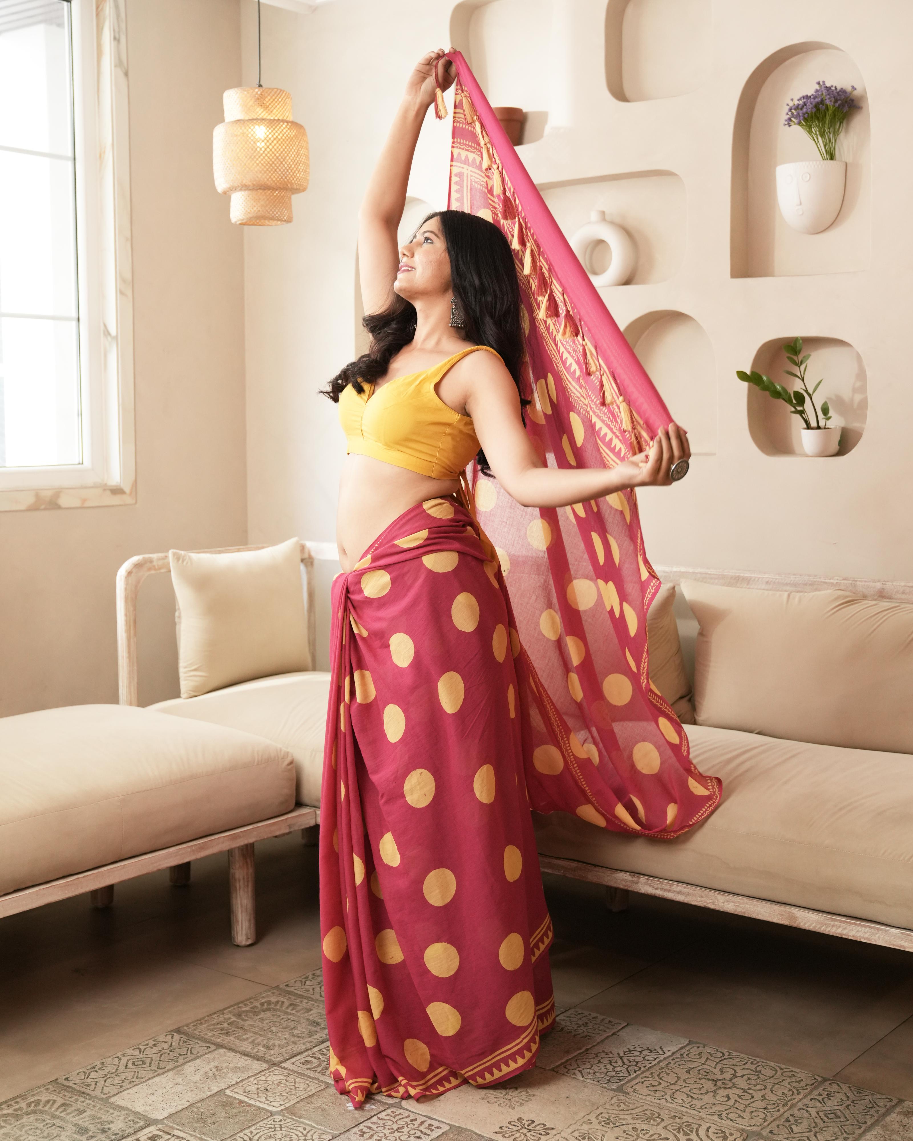 Magenta Charm – Polka Dot Mul Saree with Tassels