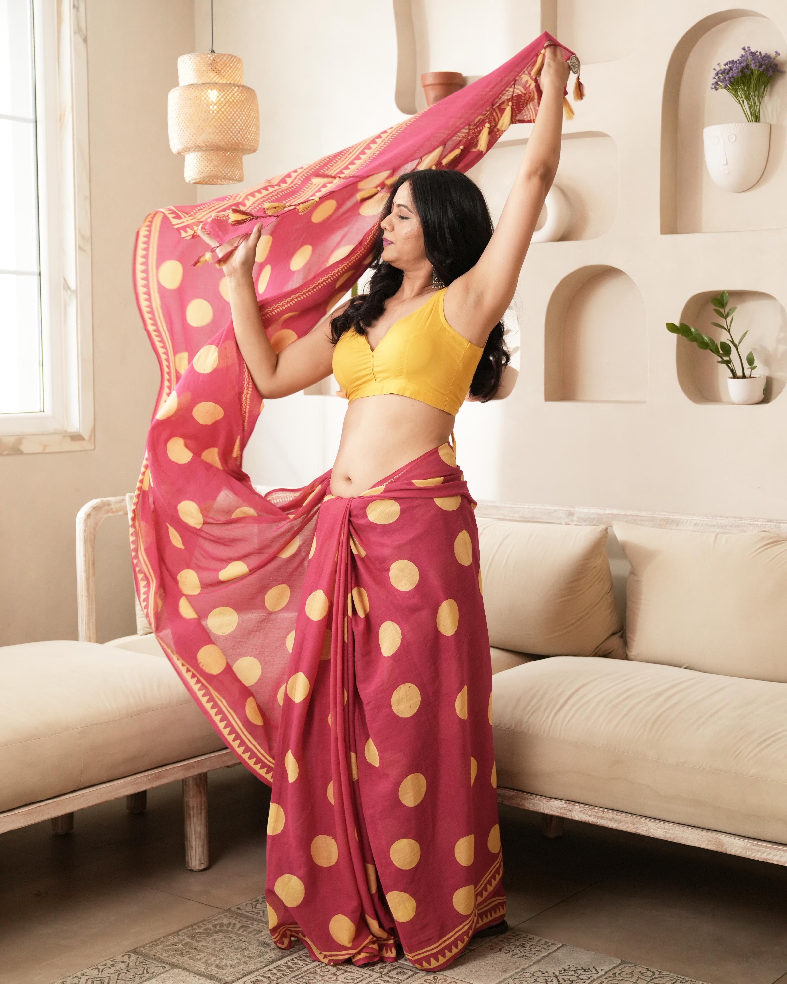 Magenta Charm – Polka Dot Mul Saree with Tassels