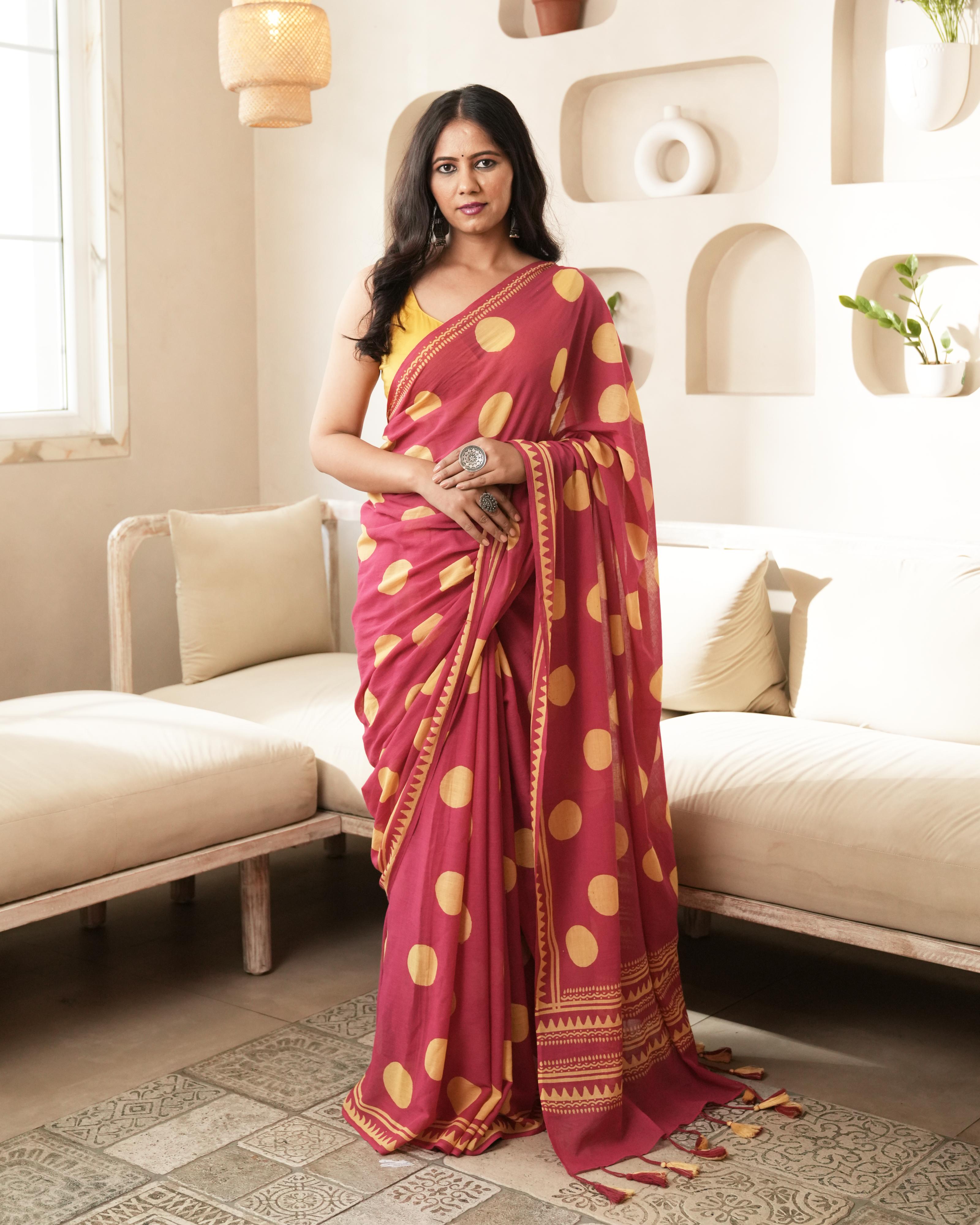 Magenta Charm – Polka Dot Mul Saree with Tassels