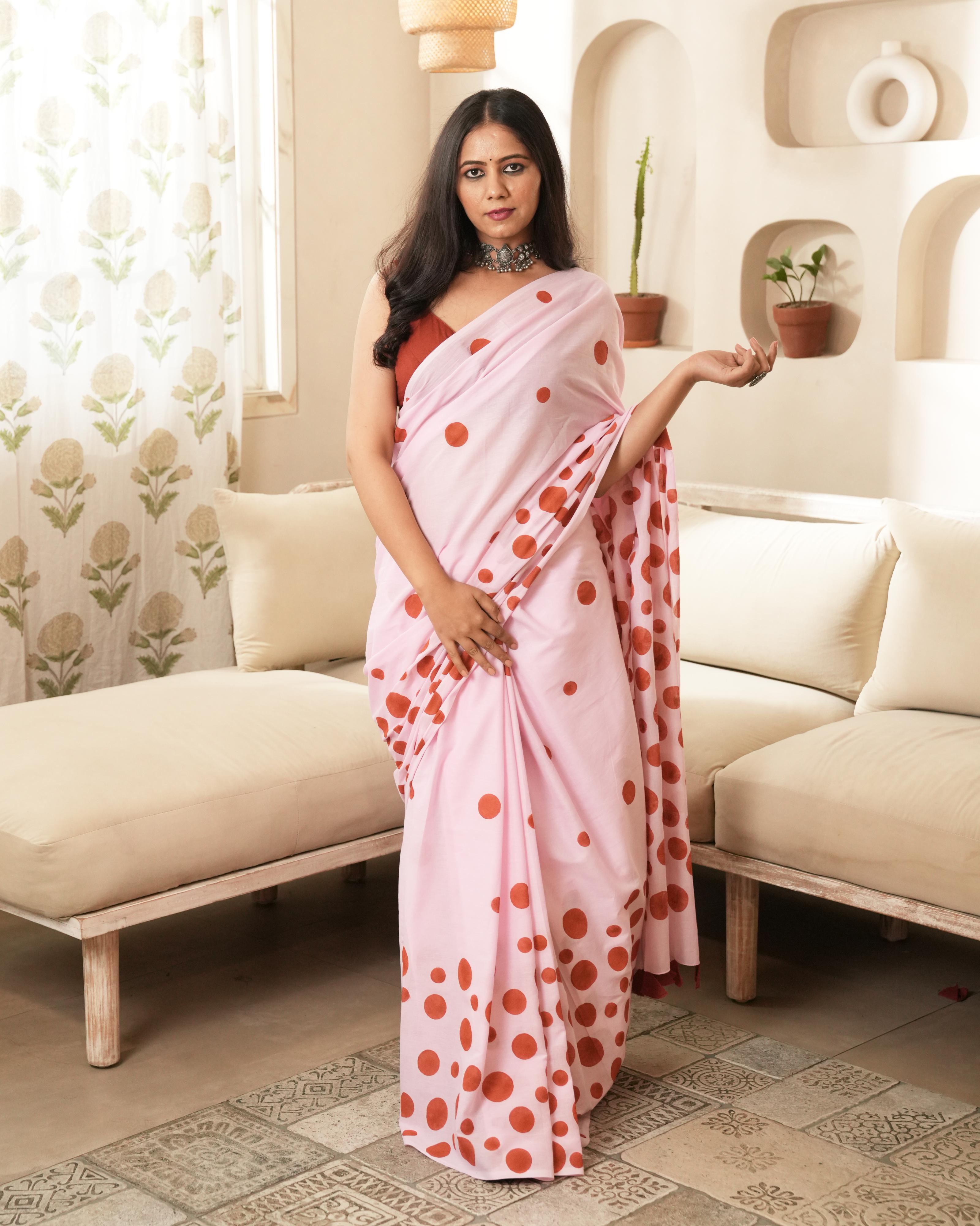 Pink & Red Polka Dot Printed Mul Saree with Tassels