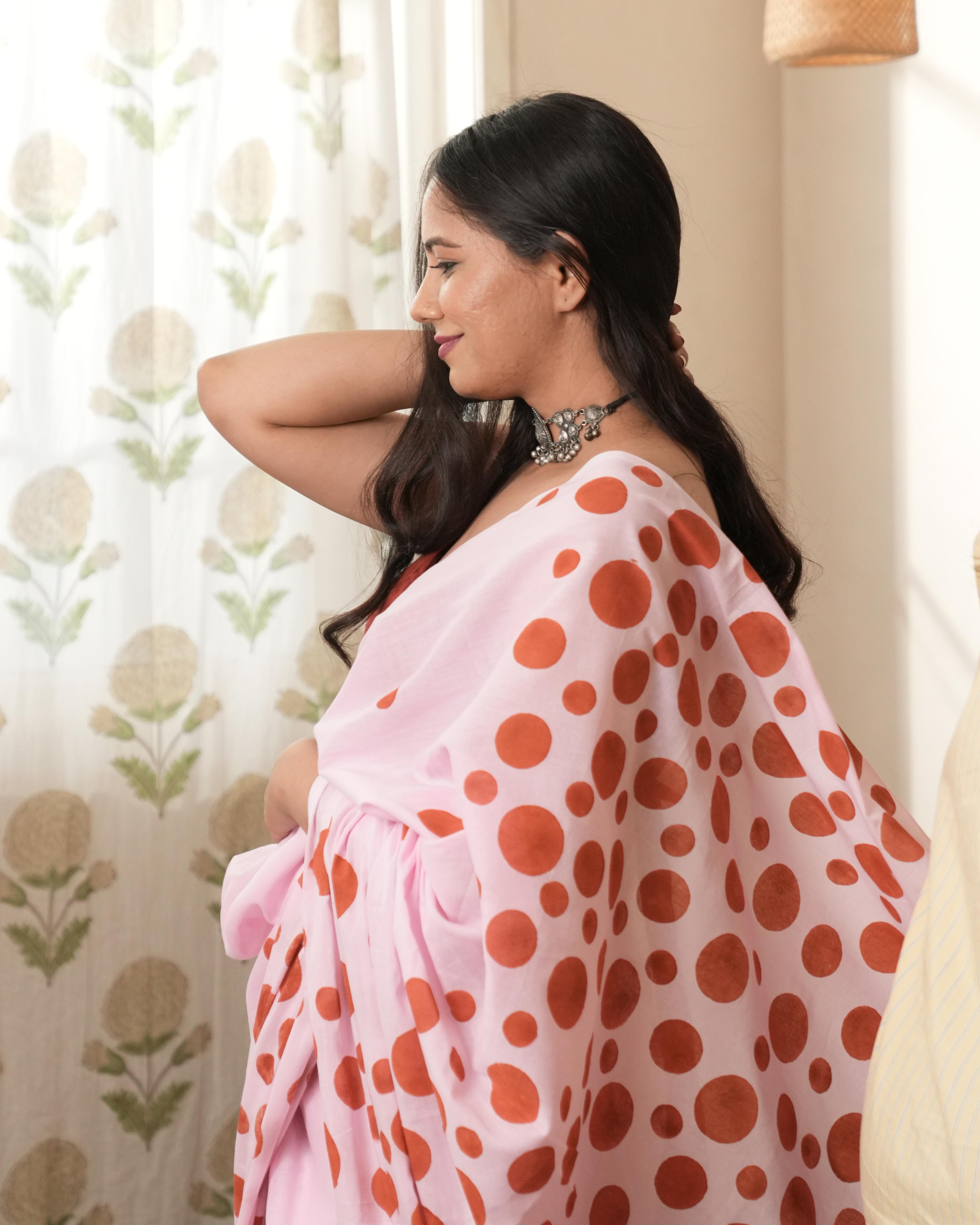 Pink & Red Polka Dot Printed Mul Saree with Tassels