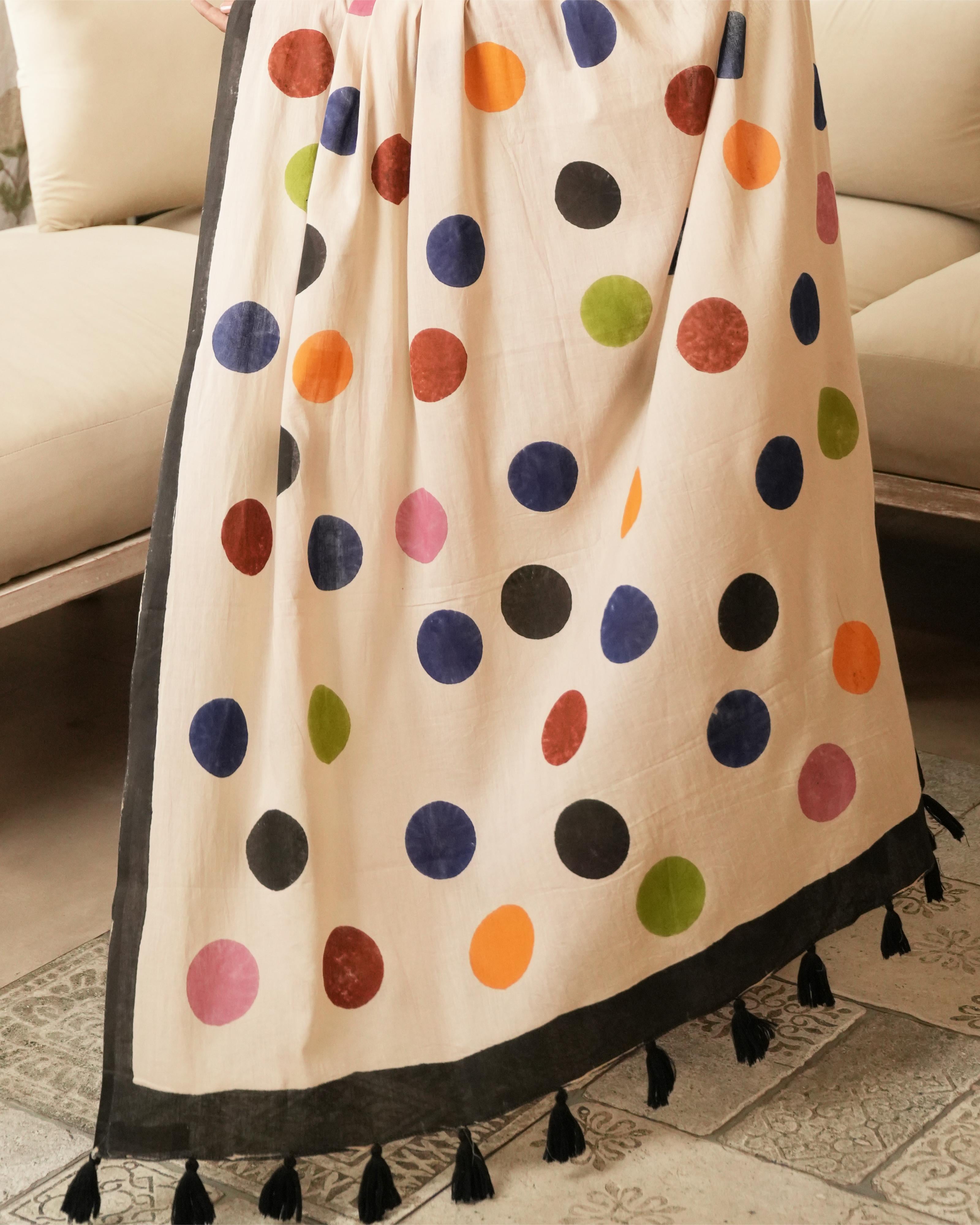 Ivory  Multi-Color Polka Dot Printed Mul Saree with Tassels