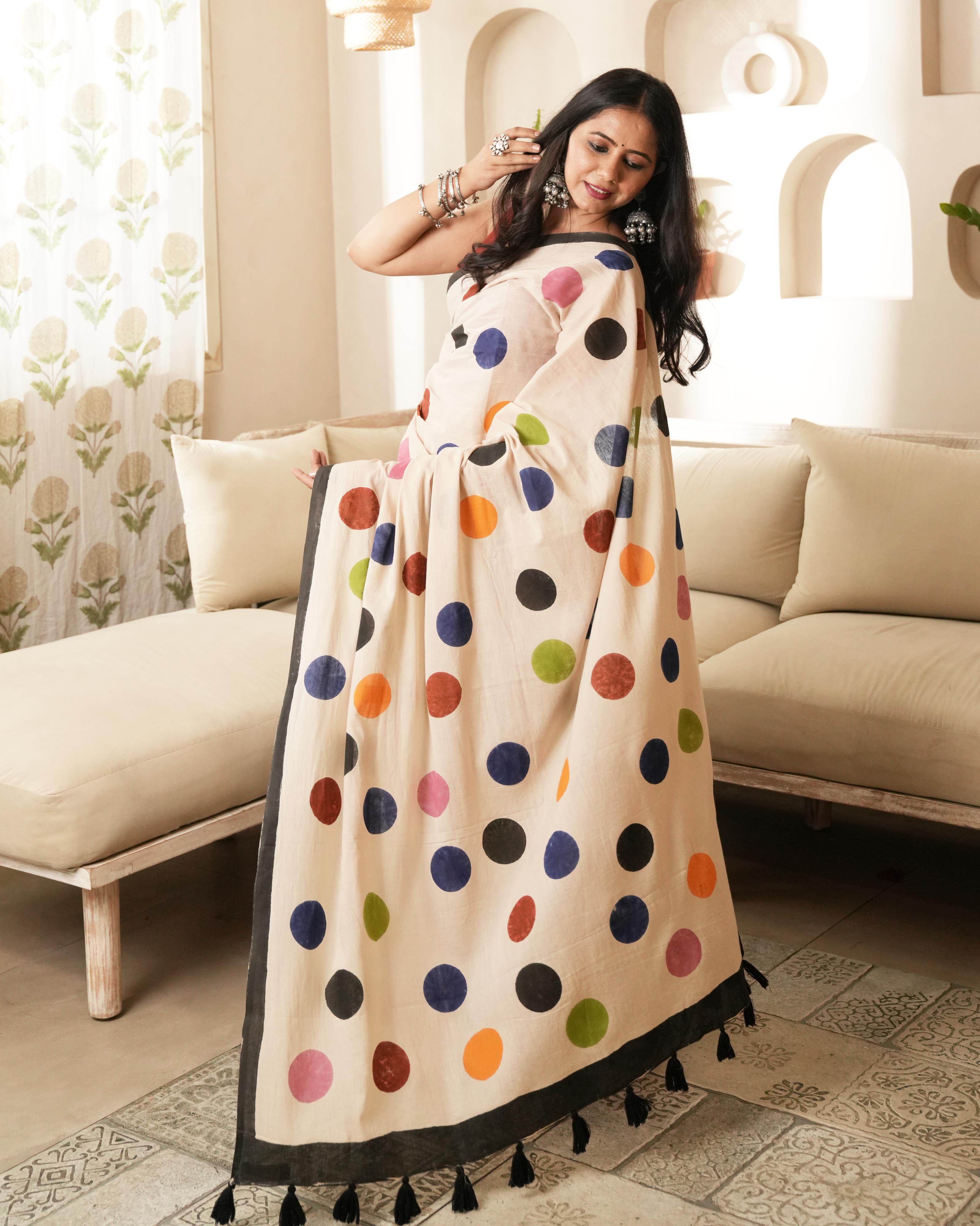 Ivory  Multi-Color Polka Dot Printed Mul Saree with Tassels